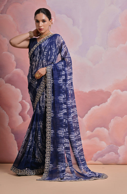 Jyoti Fashion Women's Blue Sequence with Zari Codding Georgette Saree with Blouse | Swadesiicart