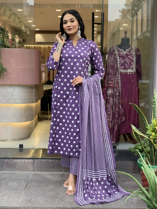 Jyoti Fashion Women's Purple Rayon Slub Printed Designer Kurta Set with Dupatta | Swadesiicart