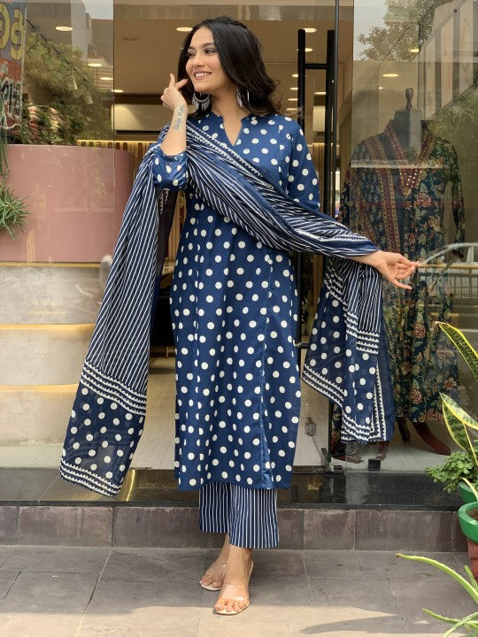 Jyoti Fashion Women's Blue Rayon Slub Printed Designer Kurta Set with Dupatta | Swadesiicart