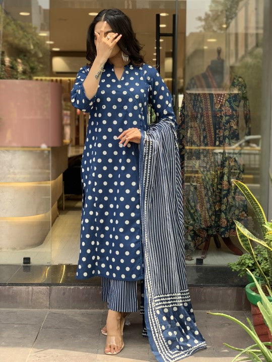 Jyoti Fashion Women's Blue Rayon Slub Printed Designer Kurta Set with Dupatta | Swadesiicart