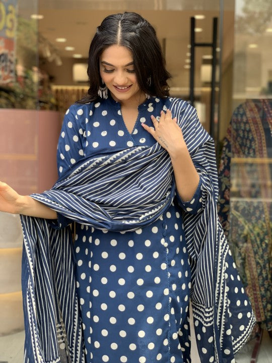 Jyoti Fashion Women's Blue Rayon Slub Printed Designer Kurta Set with Dupatta | Swadesiicart