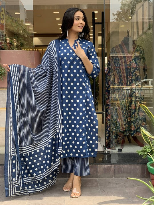Jyoti Fashion Women's Blue Rayon Slub Printed Designer Kurta Set with Dupatta | Swadesiicart