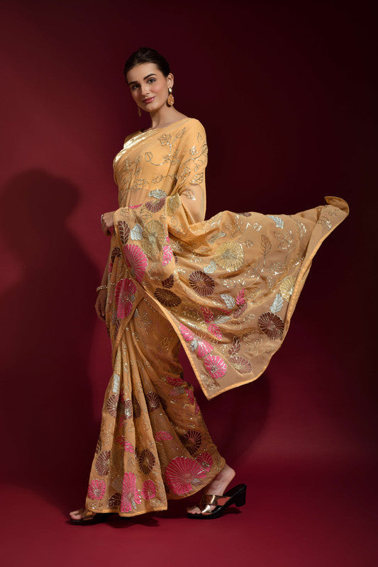 Jyoti Fashion Women's Chiku Sequence Embroidery Georgette Saree with Blouse | Swadesiicart