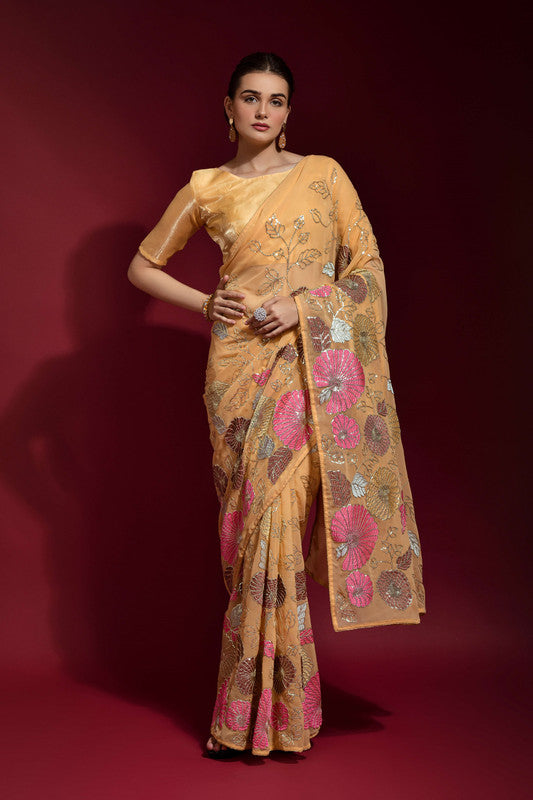 Jyoti Fashion Women's Chiku Sequence Embroidery Georgette Saree with Blouse | Swadesiicart