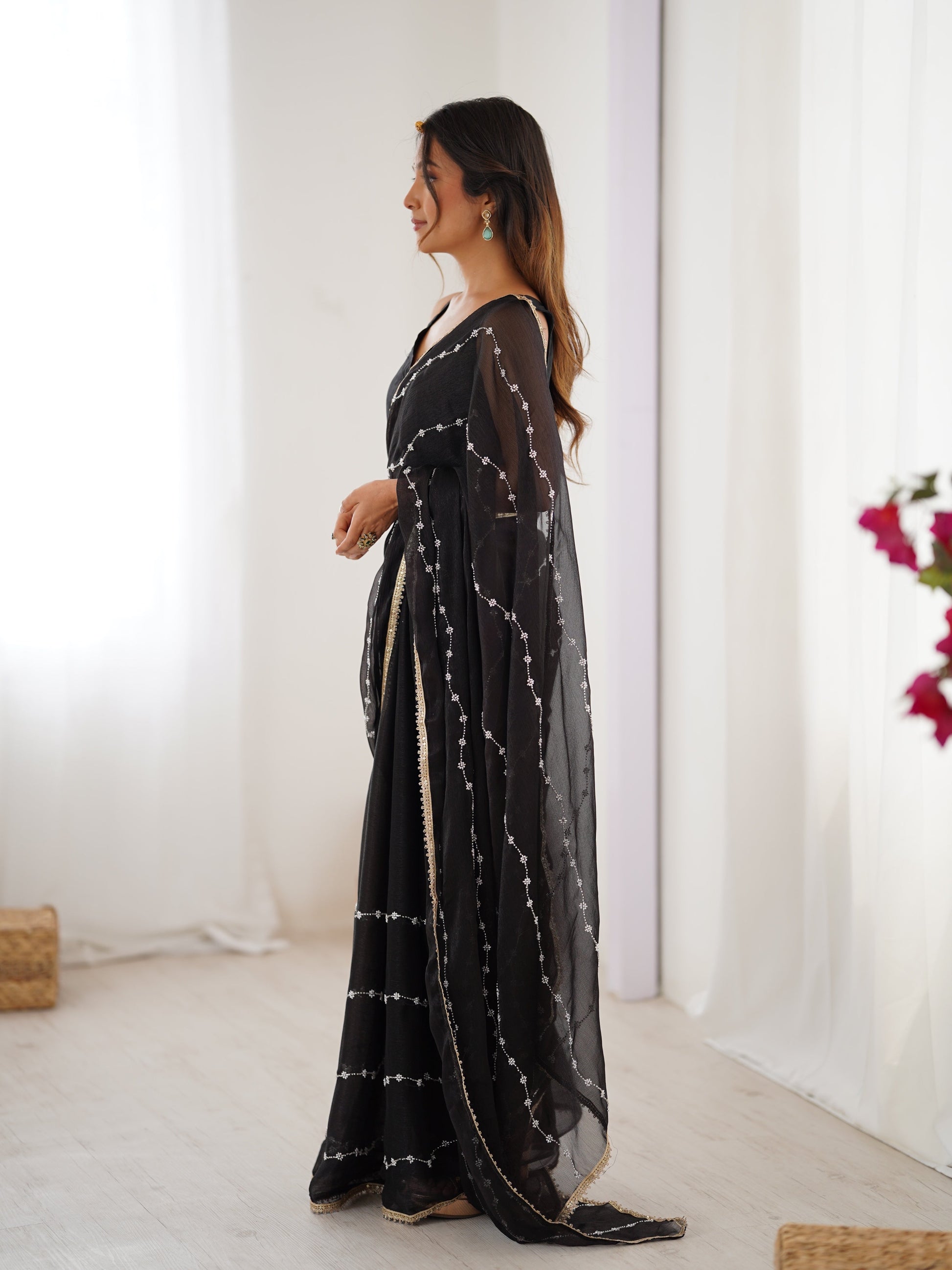 Jyoti Fashion Women's Black Soft Sitara Embroidered Designer Saree with Blouse | Swadesiicart