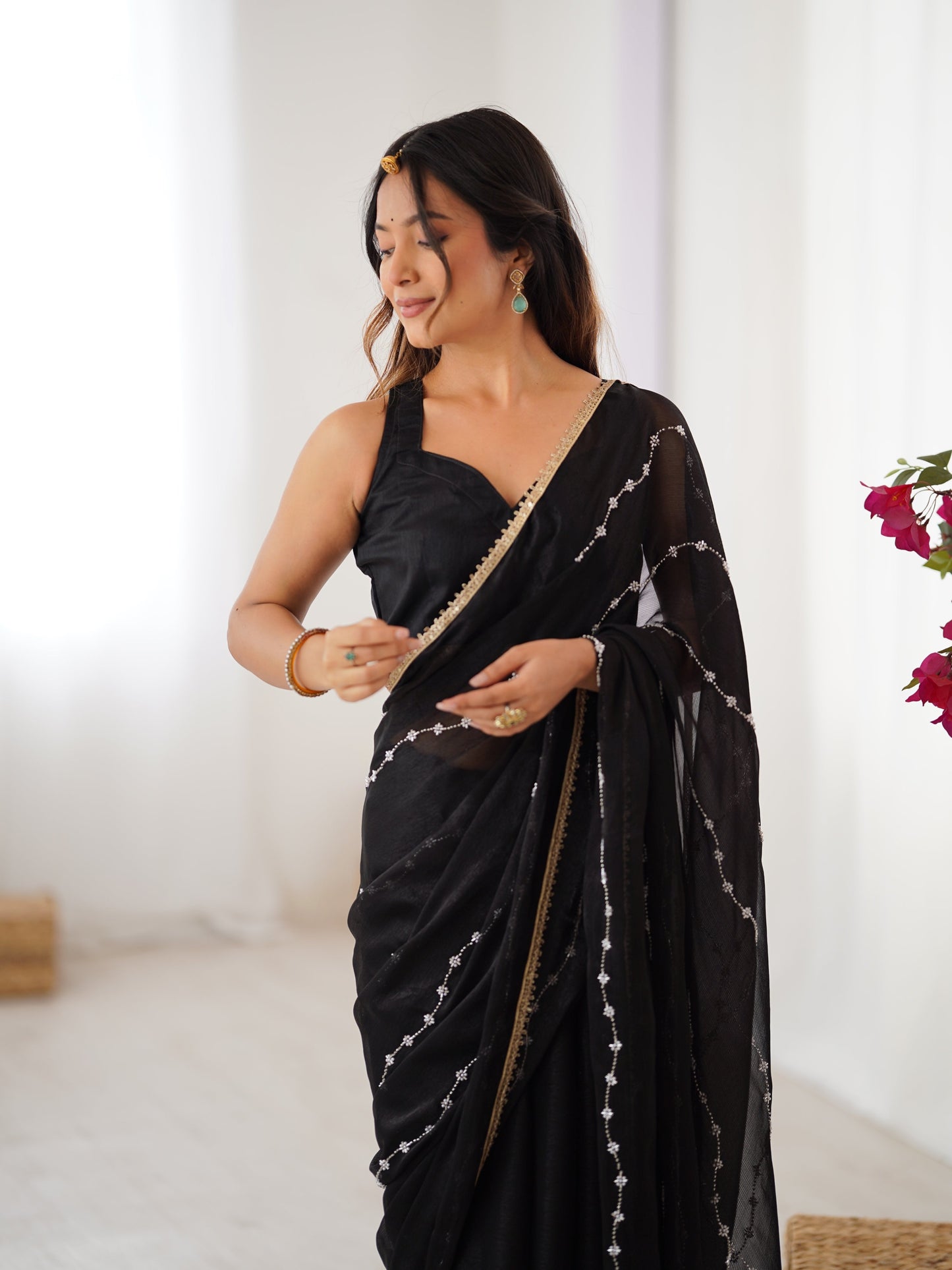 Jyoti Fashion Women's Black Soft Sitara Embroidered Designer Saree with Blouse | Swadesiicart