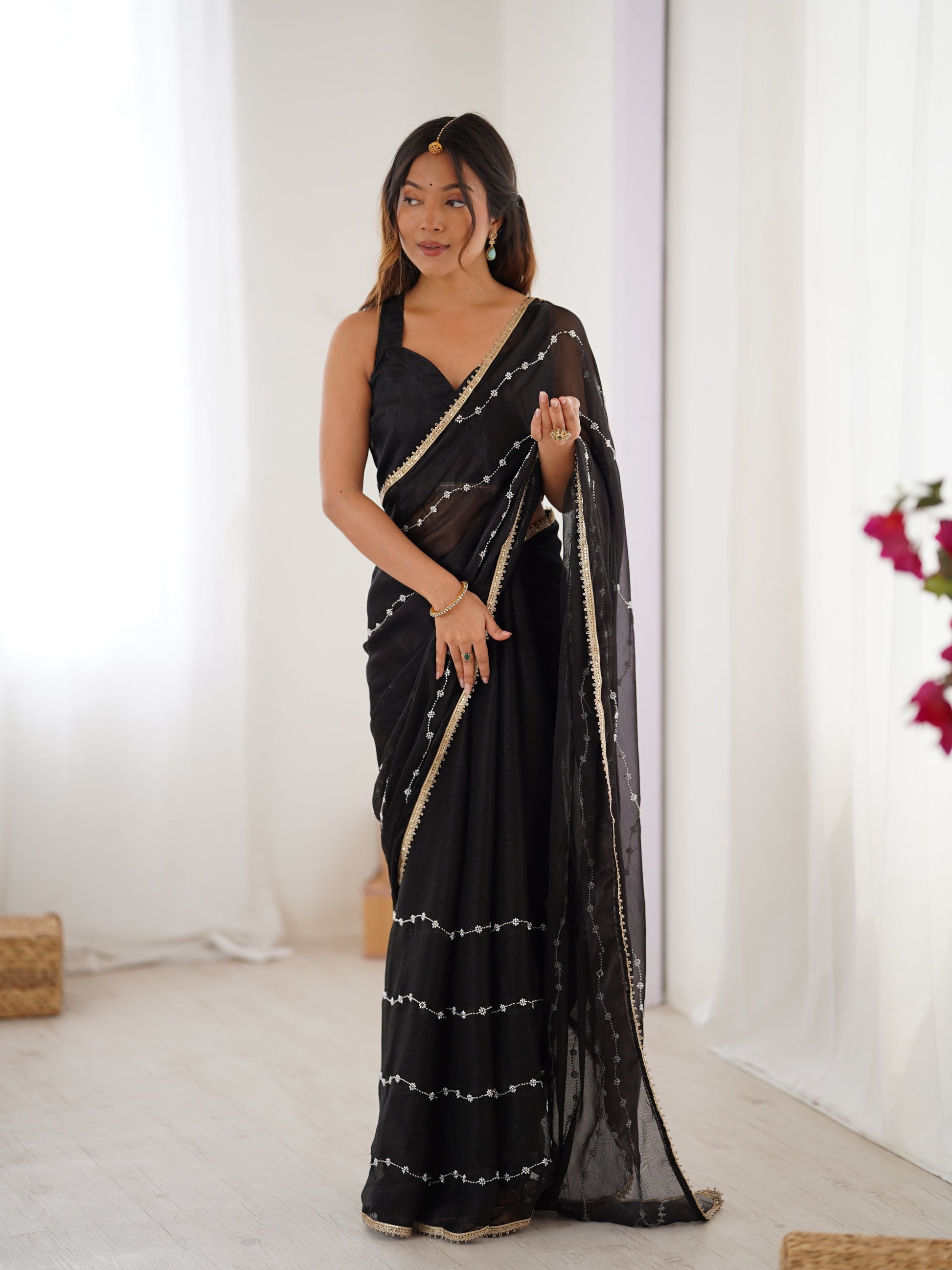 Jyoti Fashion Women's Black Soft Sitara Embroidered Designer Saree with Blouse | Swadesiicart