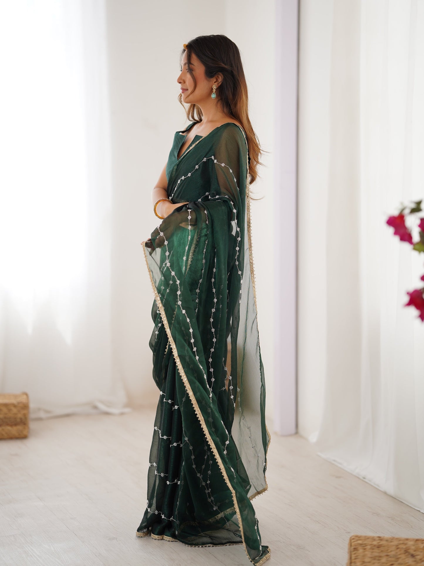 Jyoti Fashion Women's Bottle Green Soft Sitara Embroidered Designer Saree with Blouse | Swadesiicart