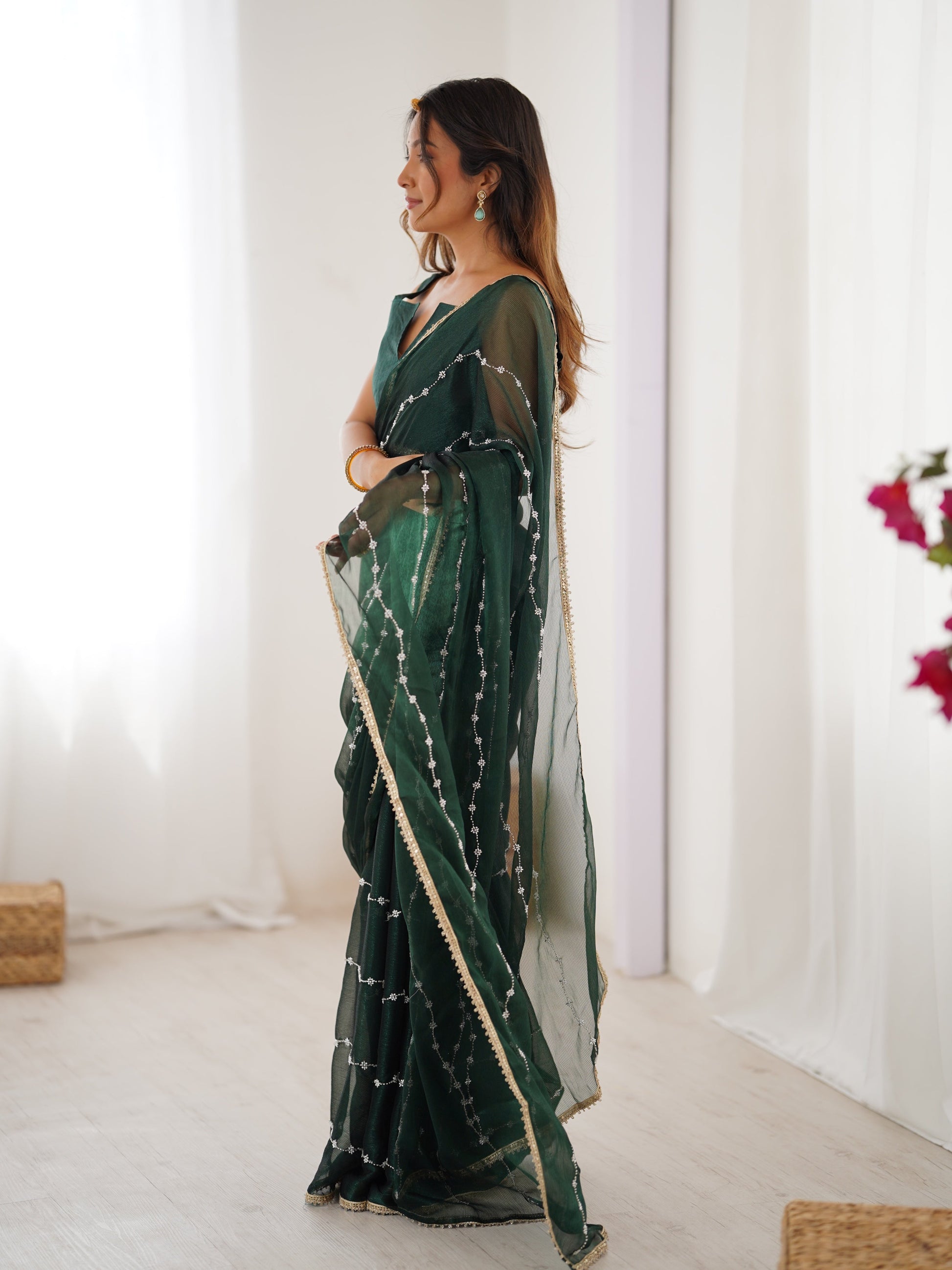 Jyoti Fashion Women's Bottle Green Soft Sitara Embroidered Designer Saree with Blouse | Swadesiicart