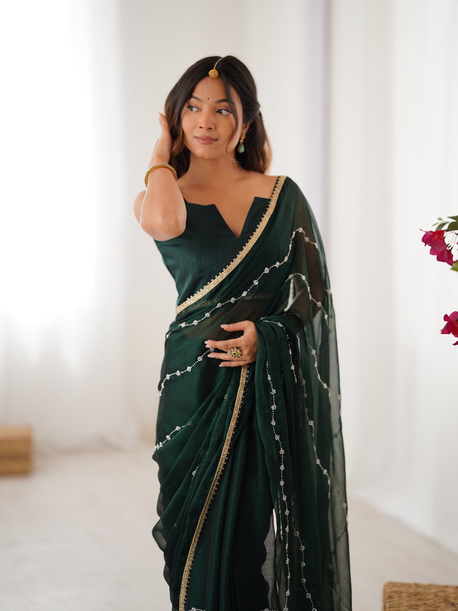 Jyoti Fashion Women's Bottle Green Soft Sitara Embroidered Designer Saree with Blouse | Swadesiicart