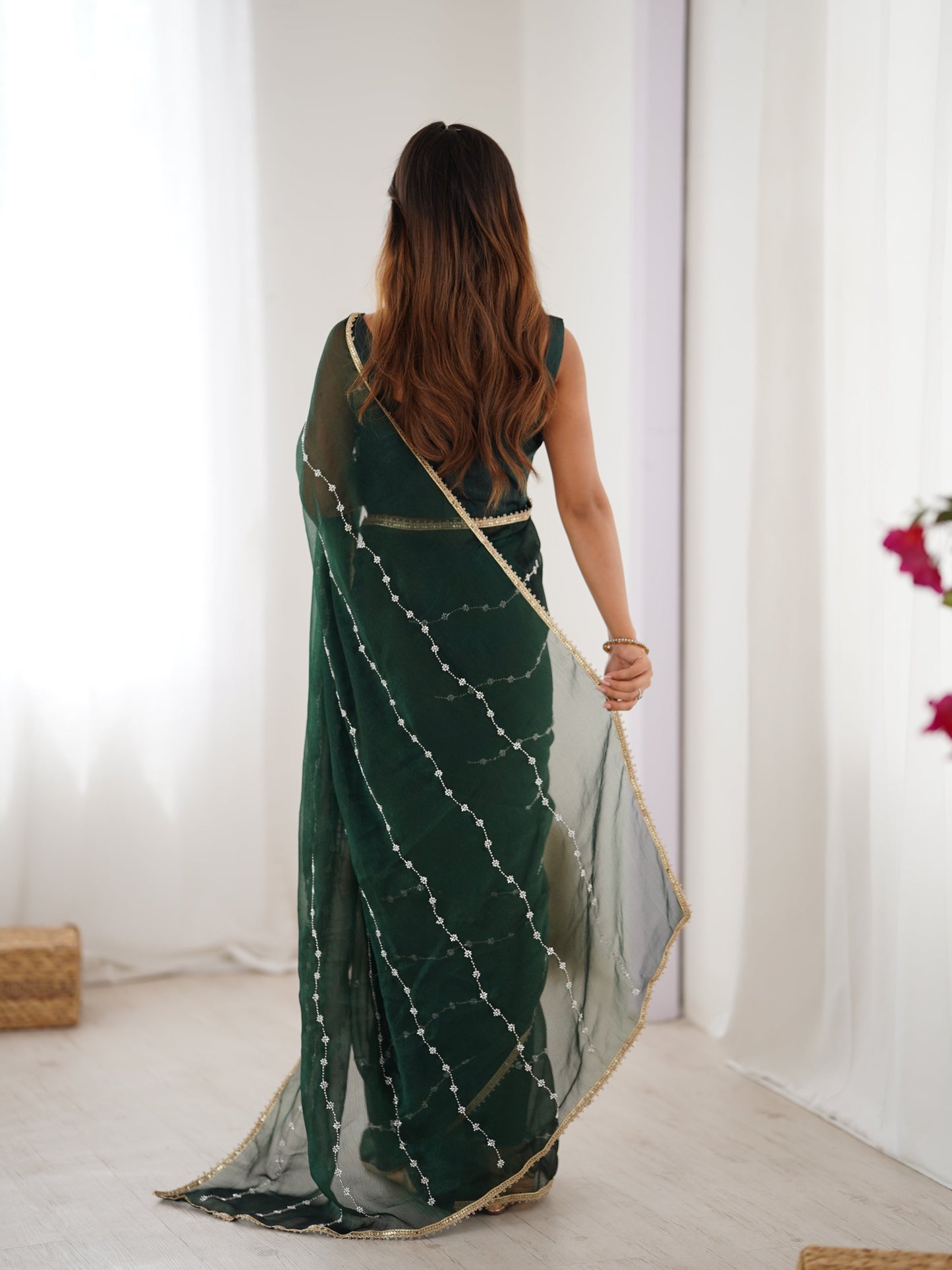 Jyoti Fashion Women's Bottle Green Soft Sitara Embroidered Designer Saree with Blouse | Swadesiicart