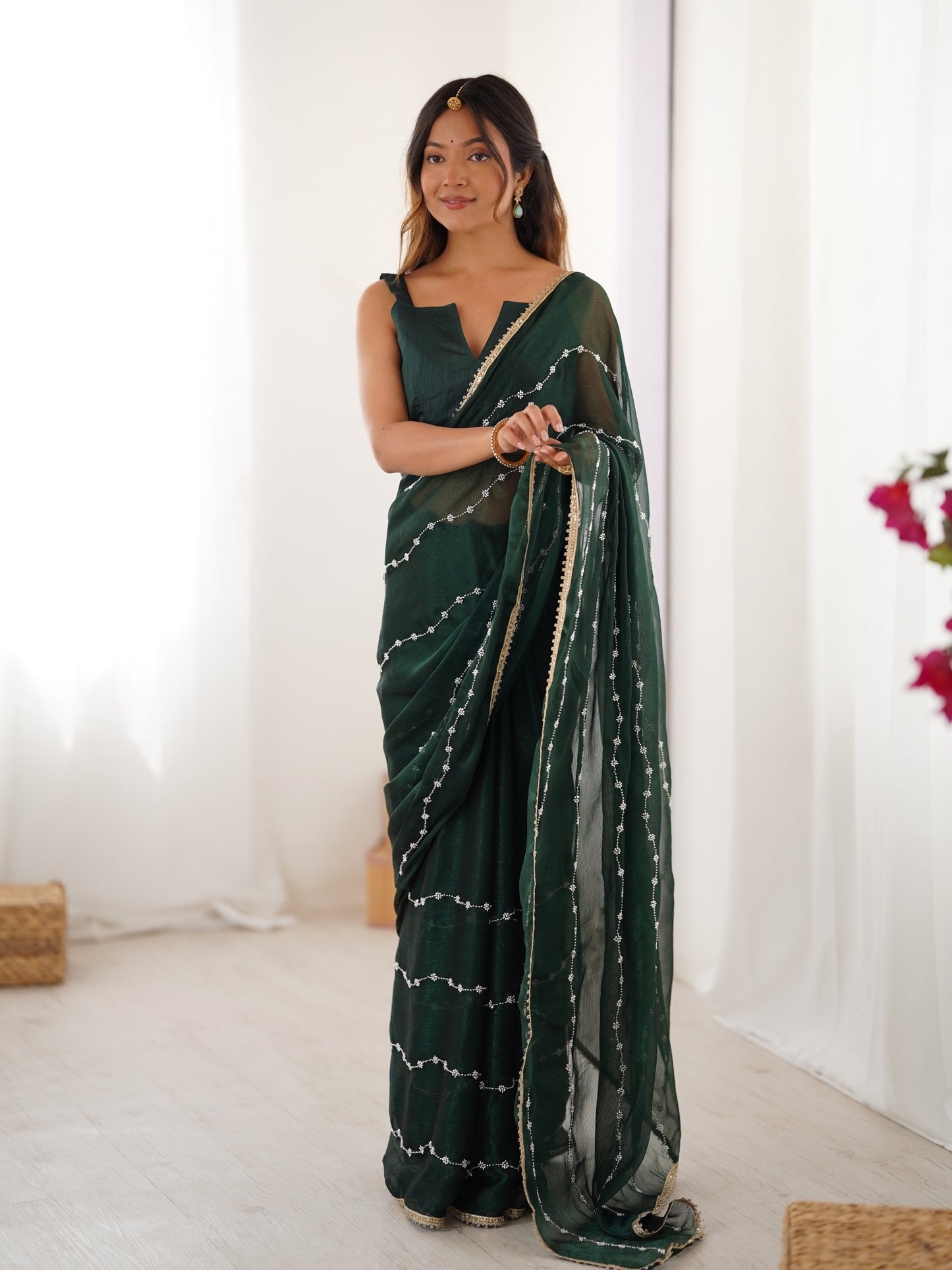 Jyoti Fashion Women's Bottle Green Soft Sitara Embroidered Designer Saree with Blouse | Swadesiicart