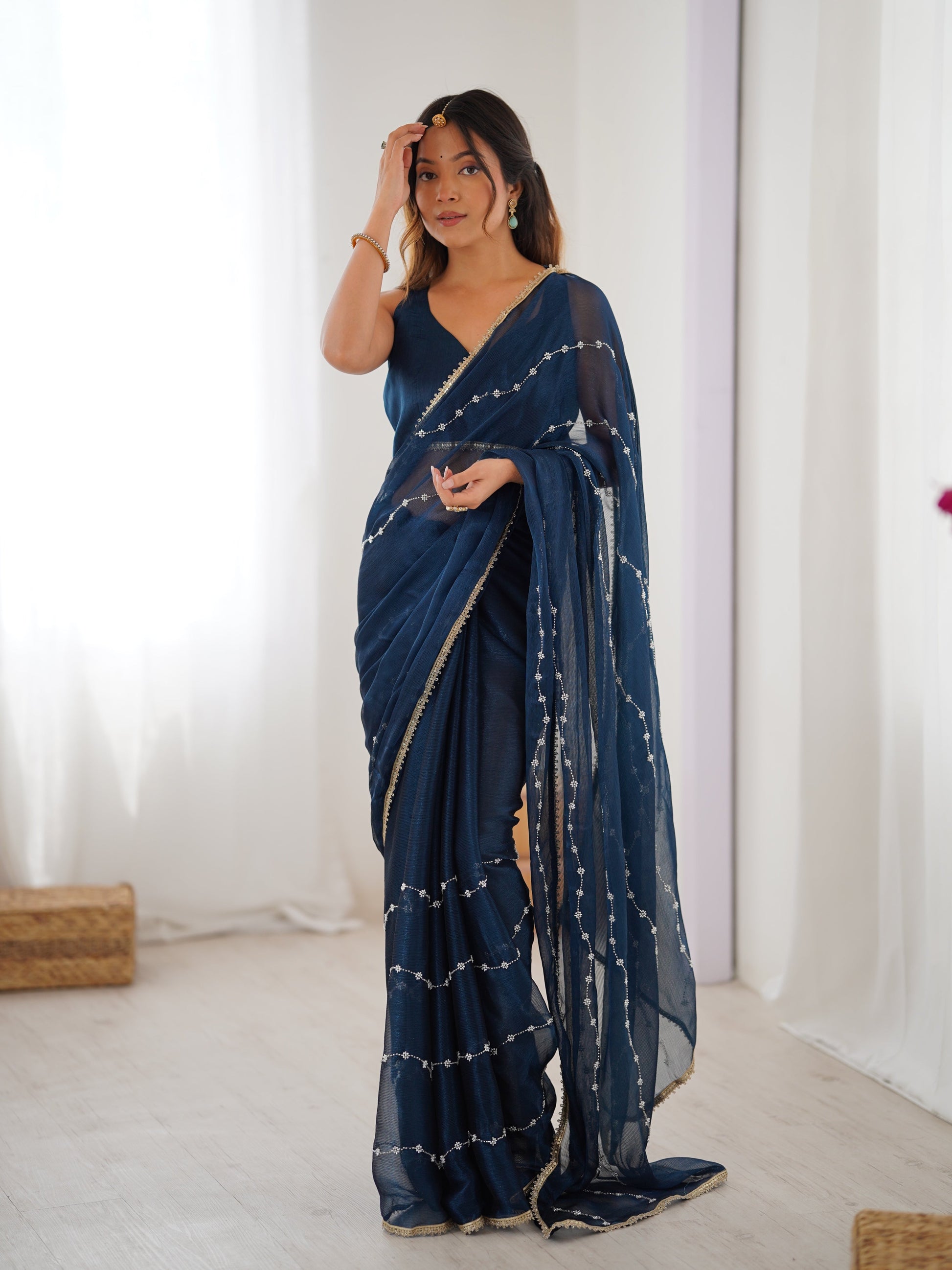 Jyoti Fashion Women's Teal Soft Sitara Embroidered Designer Saree with Blouse | Swadesiicart
