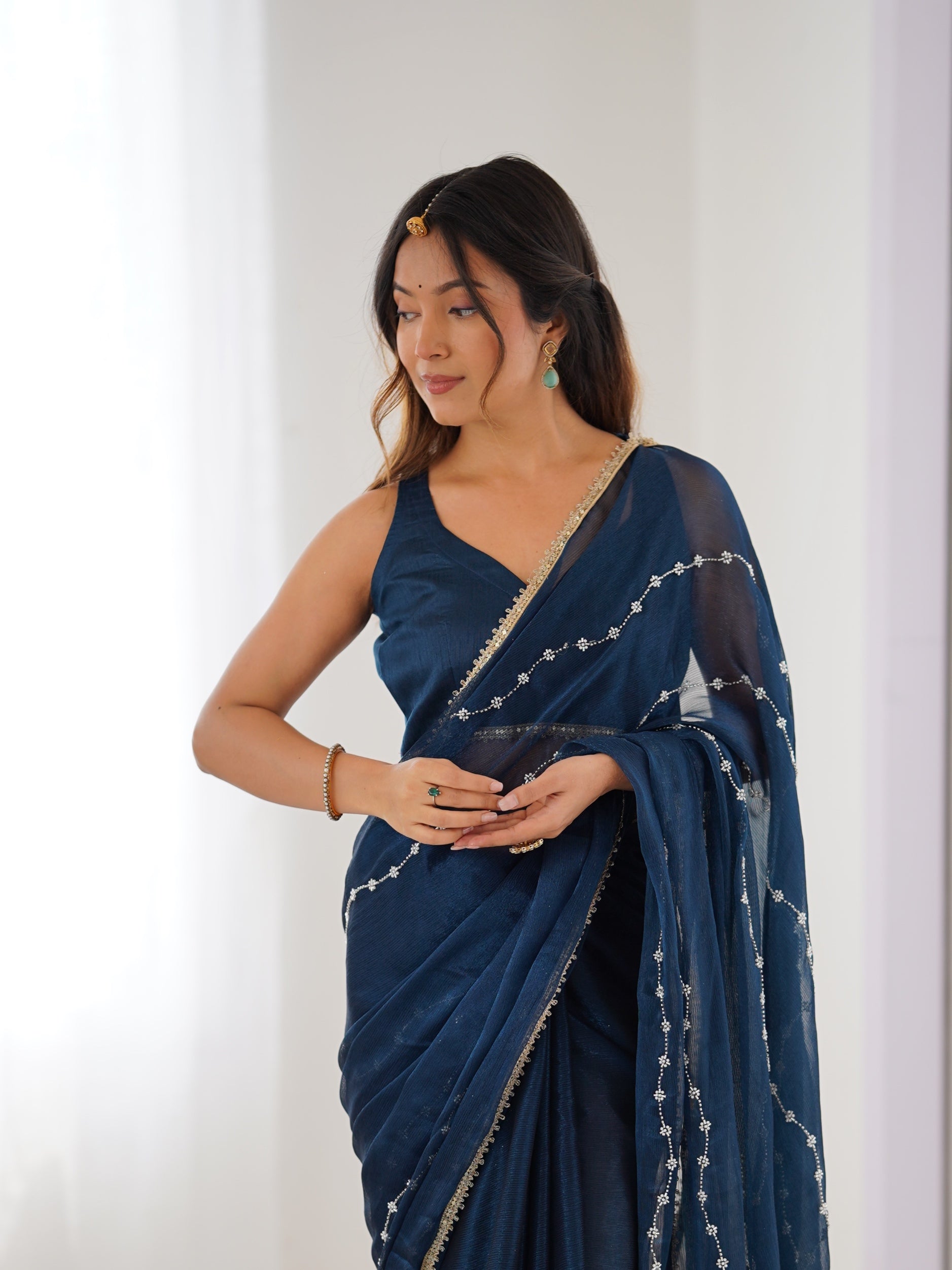 Jyoti Fashion Women's Teal Soft Sitara Embroidered Designer Saree with Blouse | Swadesiicart