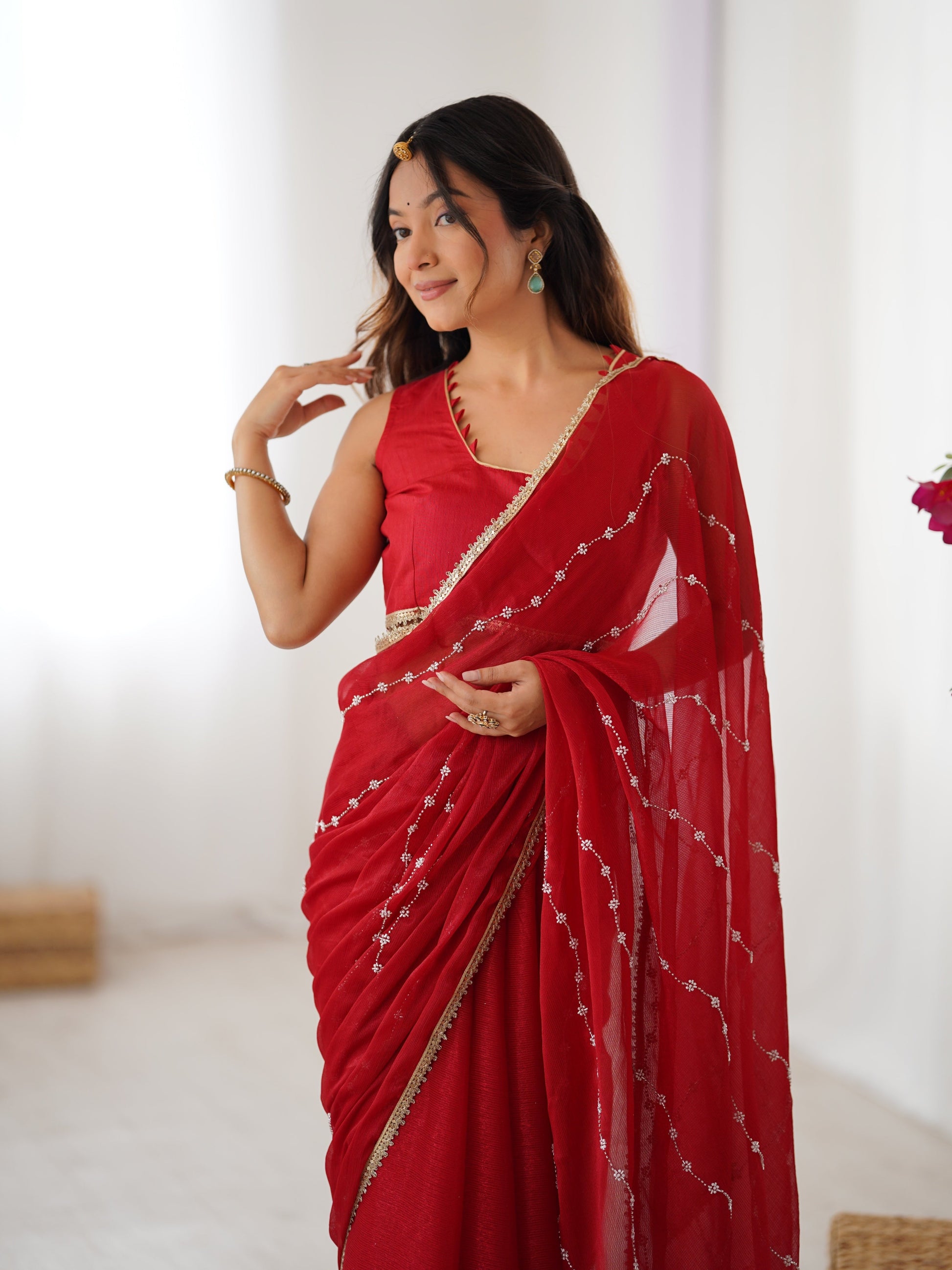 Jyoti Fashion Women's Maroon Soft Sitara Embroidered Designer Saree with Blouse | Swadesiicart