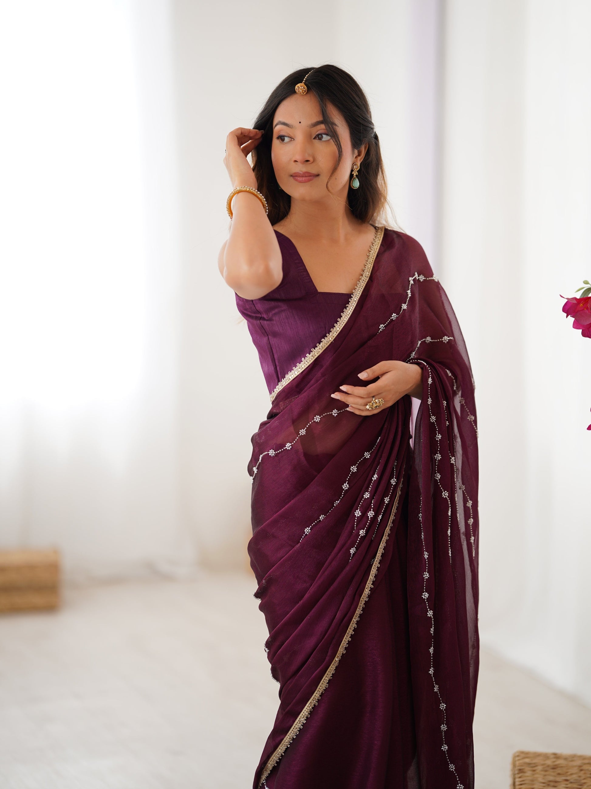 Jyoti Fashion Women's Wine Soft Sitara Embroidered Designer Saree with Blouse | Swadesiicart