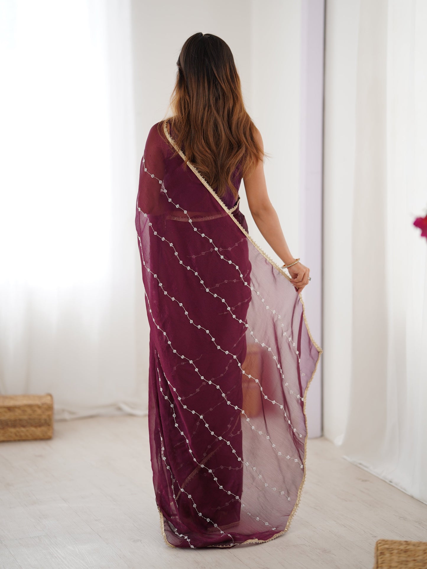 Jyoti Fashion Women's Wine Soft Sitara Embroidered Designer Saree with Blouse | Swadesiicart