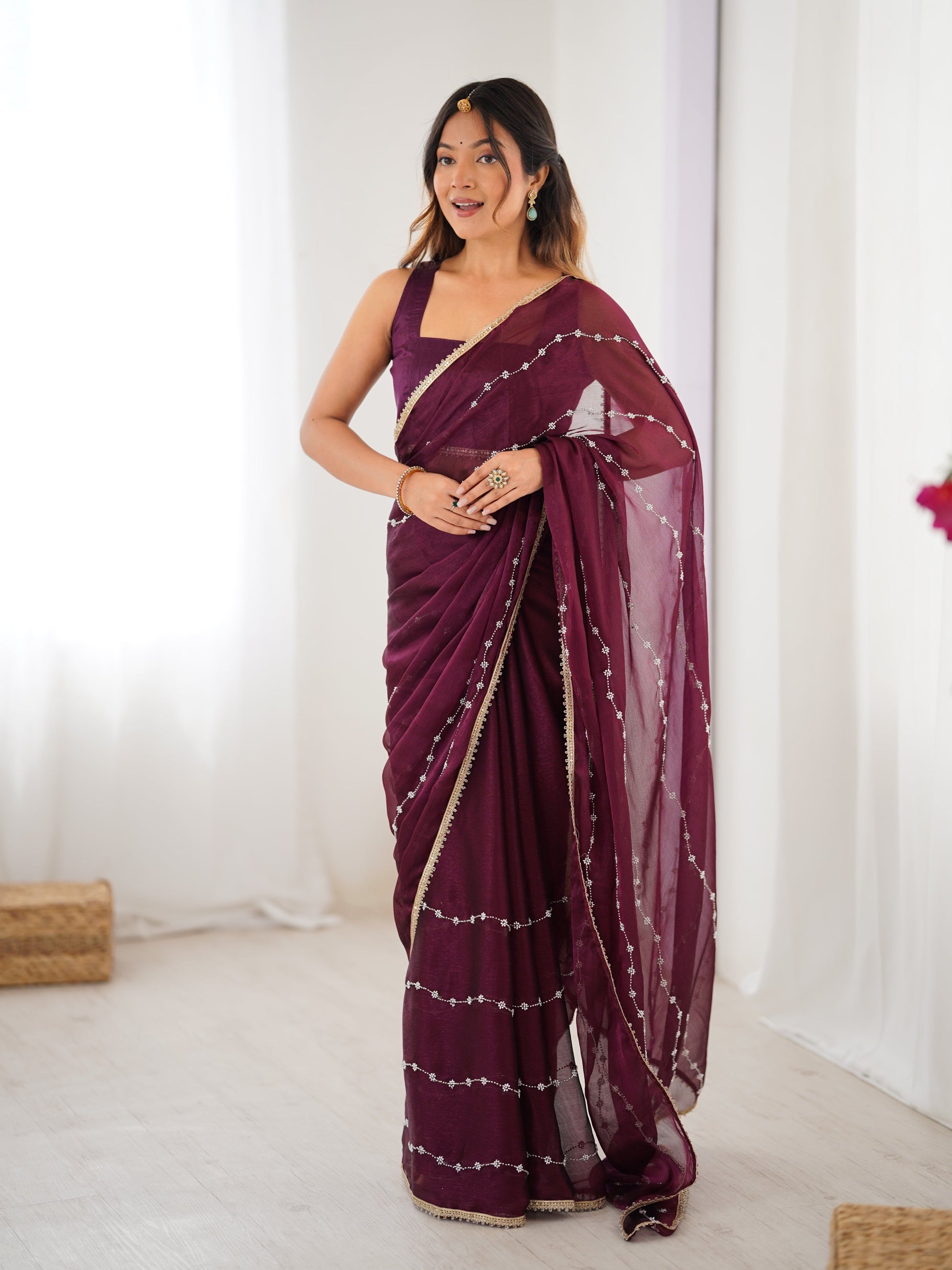 Jyoti Fashion Women's Wine Soft Sitara Embroidered Designer Saree with Blouse | Swadesiicart