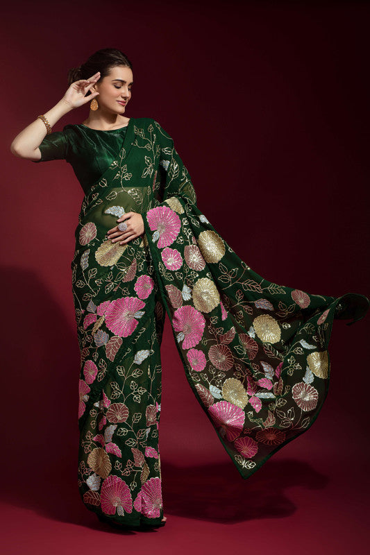 Jyoti Fashion Women's Green Sequence Embroidery Georgette Saree with Blouse | Swadesiicart