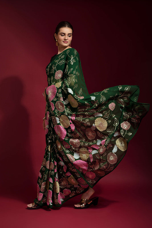 Jyoti Fashion Women's Green Sequence Embroidery Georgette Saree with Blouse | Swadesiicart