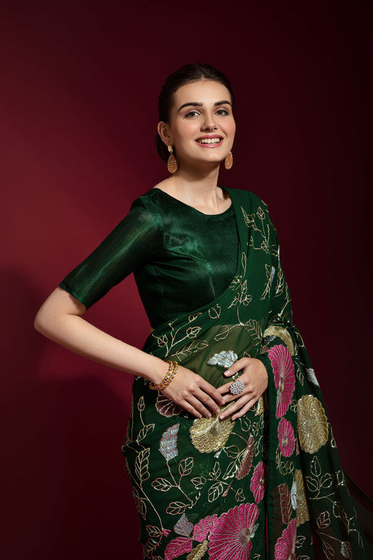 Jyoti Fashion Women's Green Sequence Embroidery Georgette Saree with Blouse | Swadesiicart