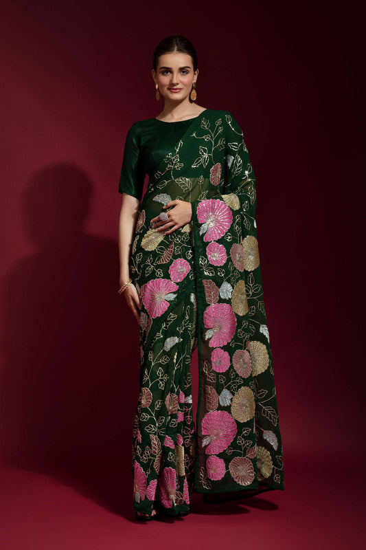 Jyoti Fashion Women's Green Sequence Embroidery Georgette Saree with Blouse | Swadesiicart