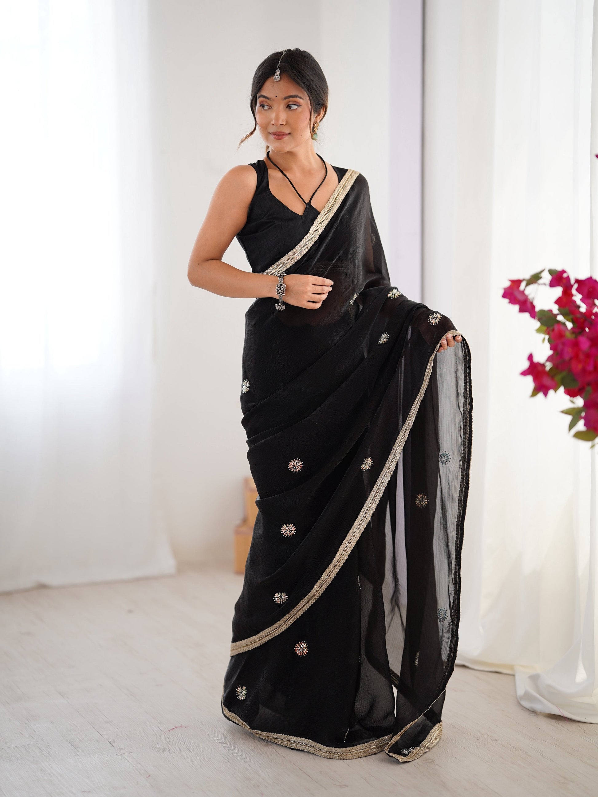 Jyoti Fashion Women's Black Fandy Silk Embroidered Designer Saree with Blouse | Swadesiicart