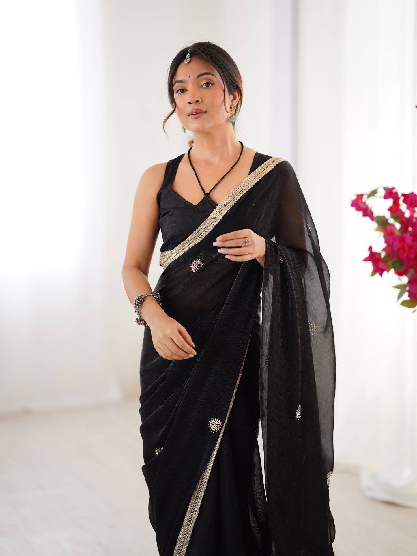 Jyoti Fashion Women's Black Fandy Silk Embroidered Designer Saree with Blouse | Swadesiicart