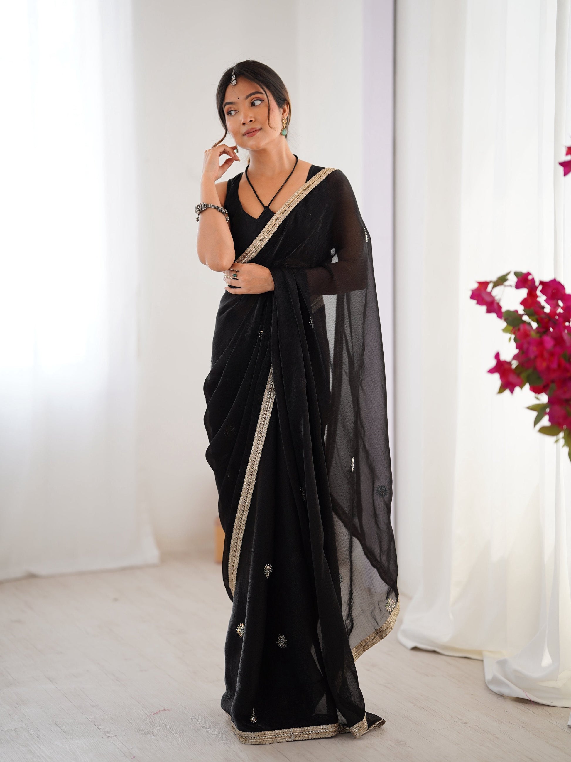 Jyoti Fashion Women's Black Fandy Silk Embroidered Designer Saree with Blouse | Swadesiicart