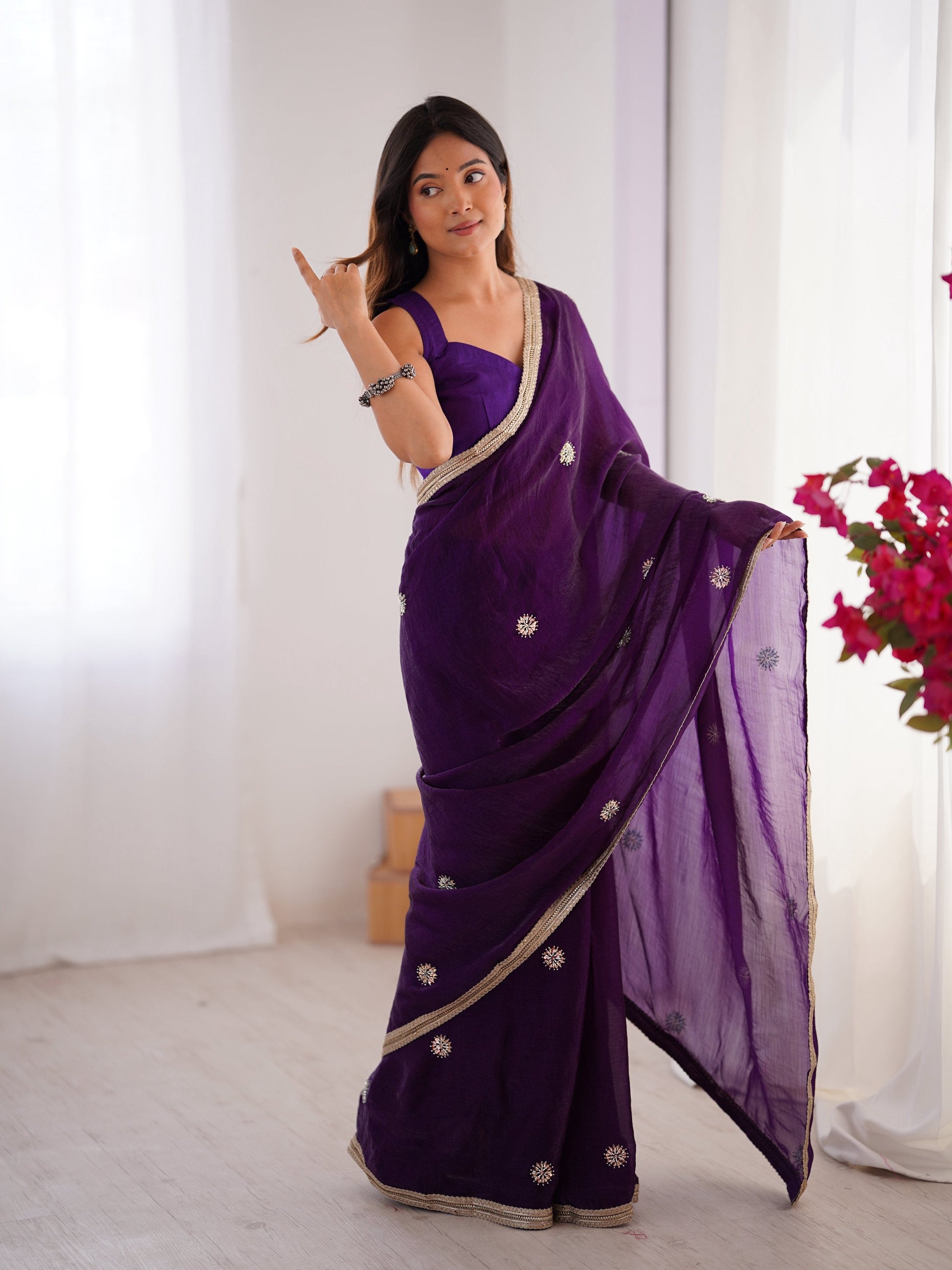 Jyoti Fashion Women's Purple Fandy Silk Embroidered Designer Saree with Blouse | Swadesiicart