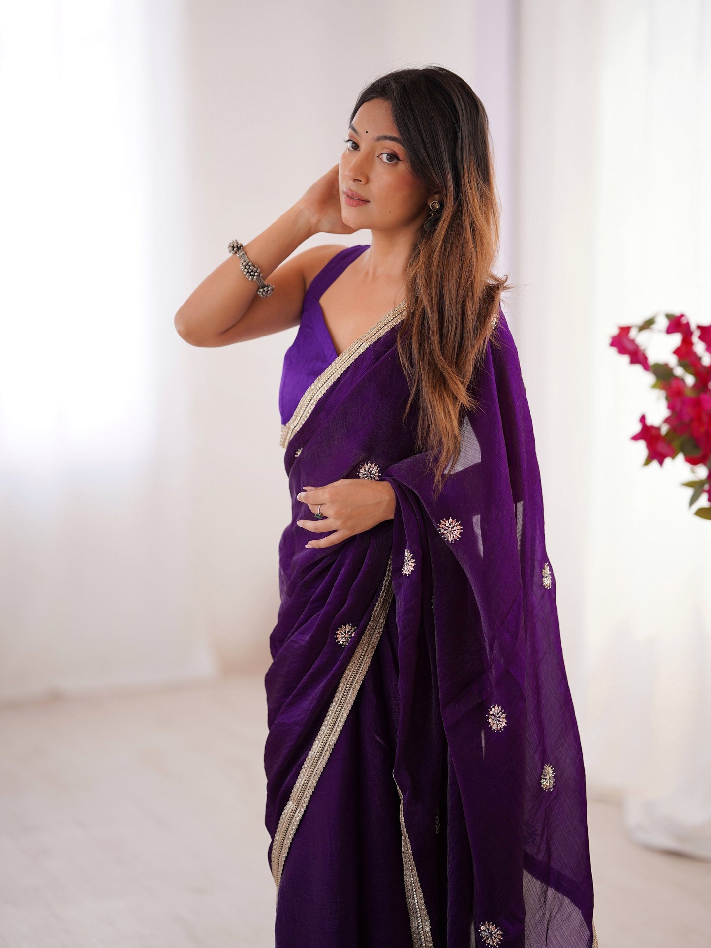 Jyoti Fashion Women's Purple Fandy Silk Embroidered Designer Saree with Blouse | Swadesiicart