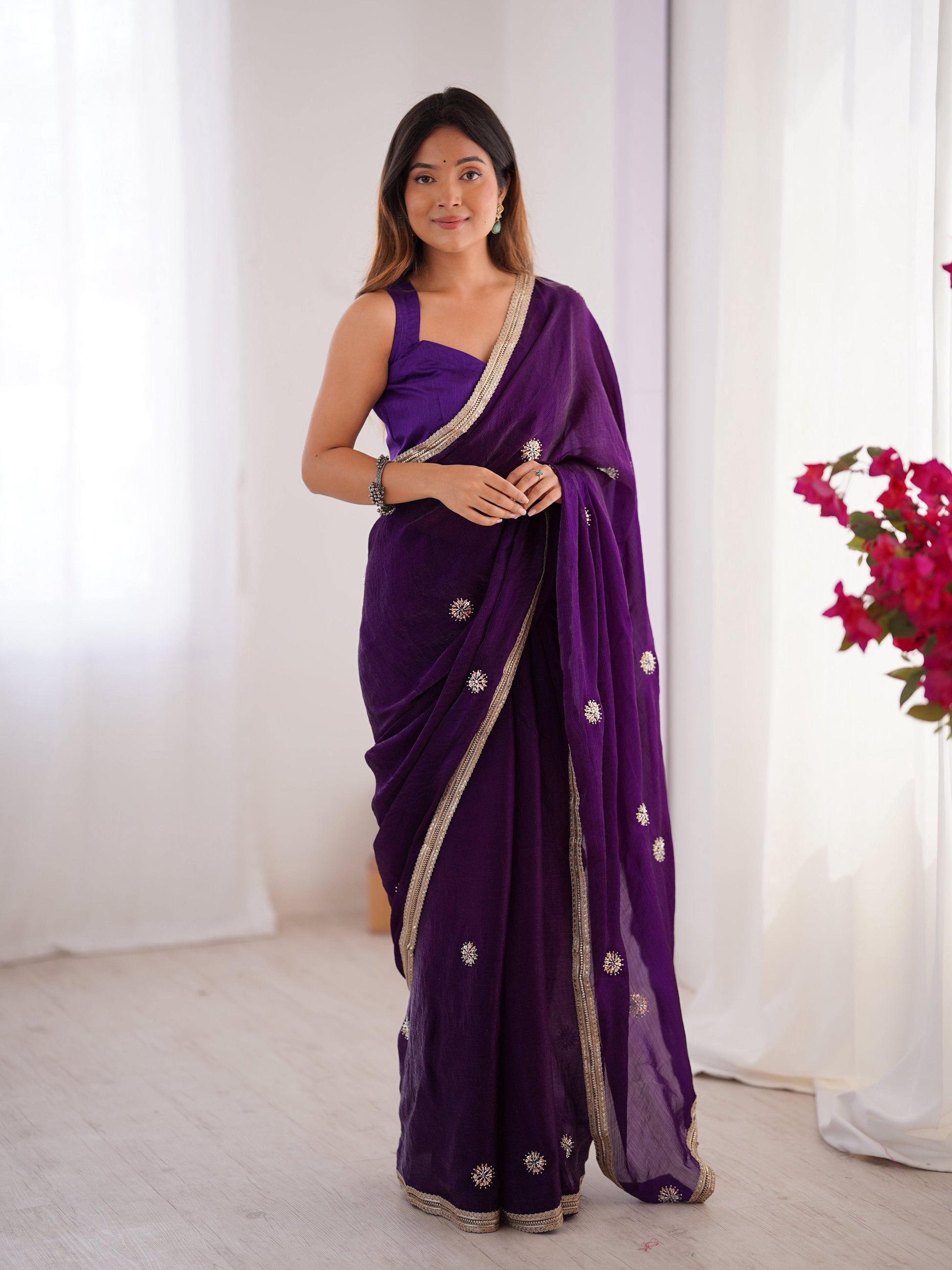 Jyoti Fashion Women's Purple Fandy Silk Embroidered Designer Saree with Blouse | Swadesiicart