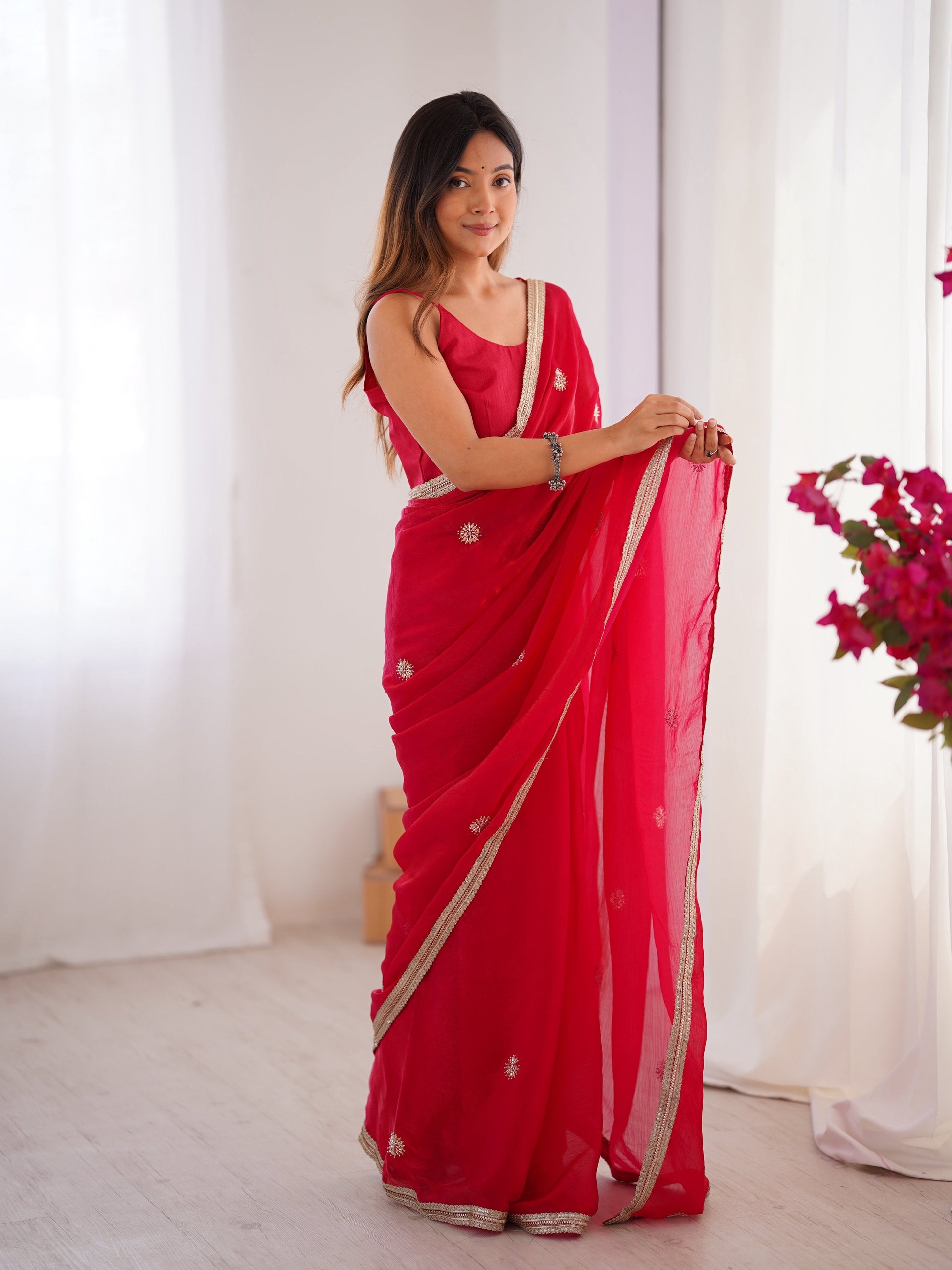 Jyoti Fashion Women's Pink Fandy Silk Embroidered Designer Saree with Blouse | Swadesiicart