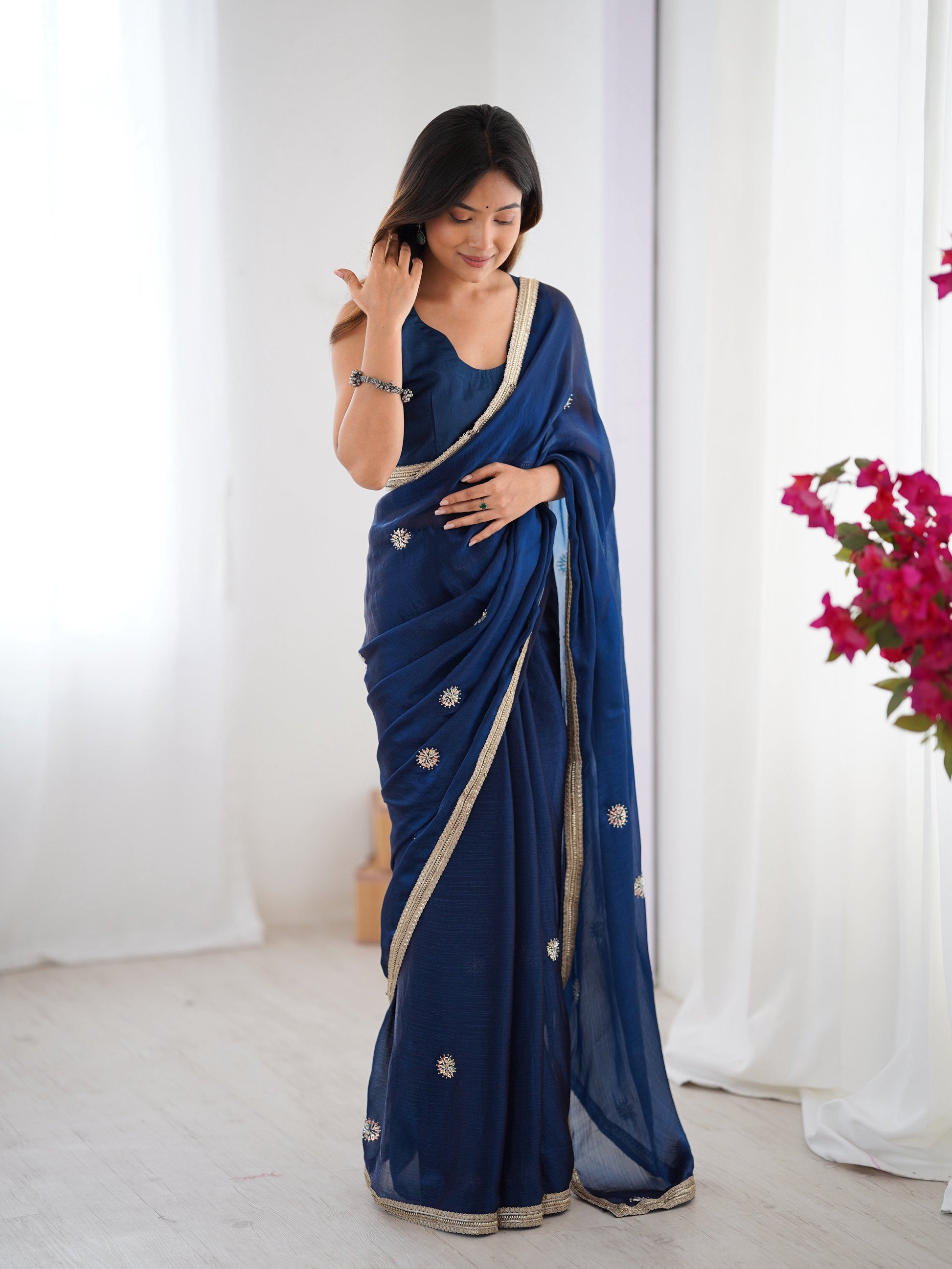 Jyoti Fashion Women's Teal Fandy Silk Embroidered Designer Saree with Blouse | Swadesiicart