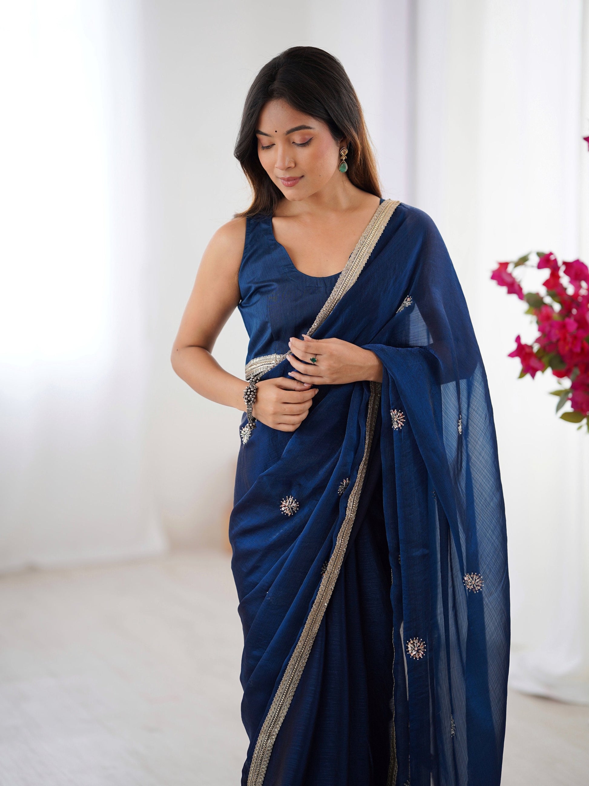 Jyoti Fashion Women's Teal Fandy Silk Embroidered Designer Saree with Blouse | Swadesiicart