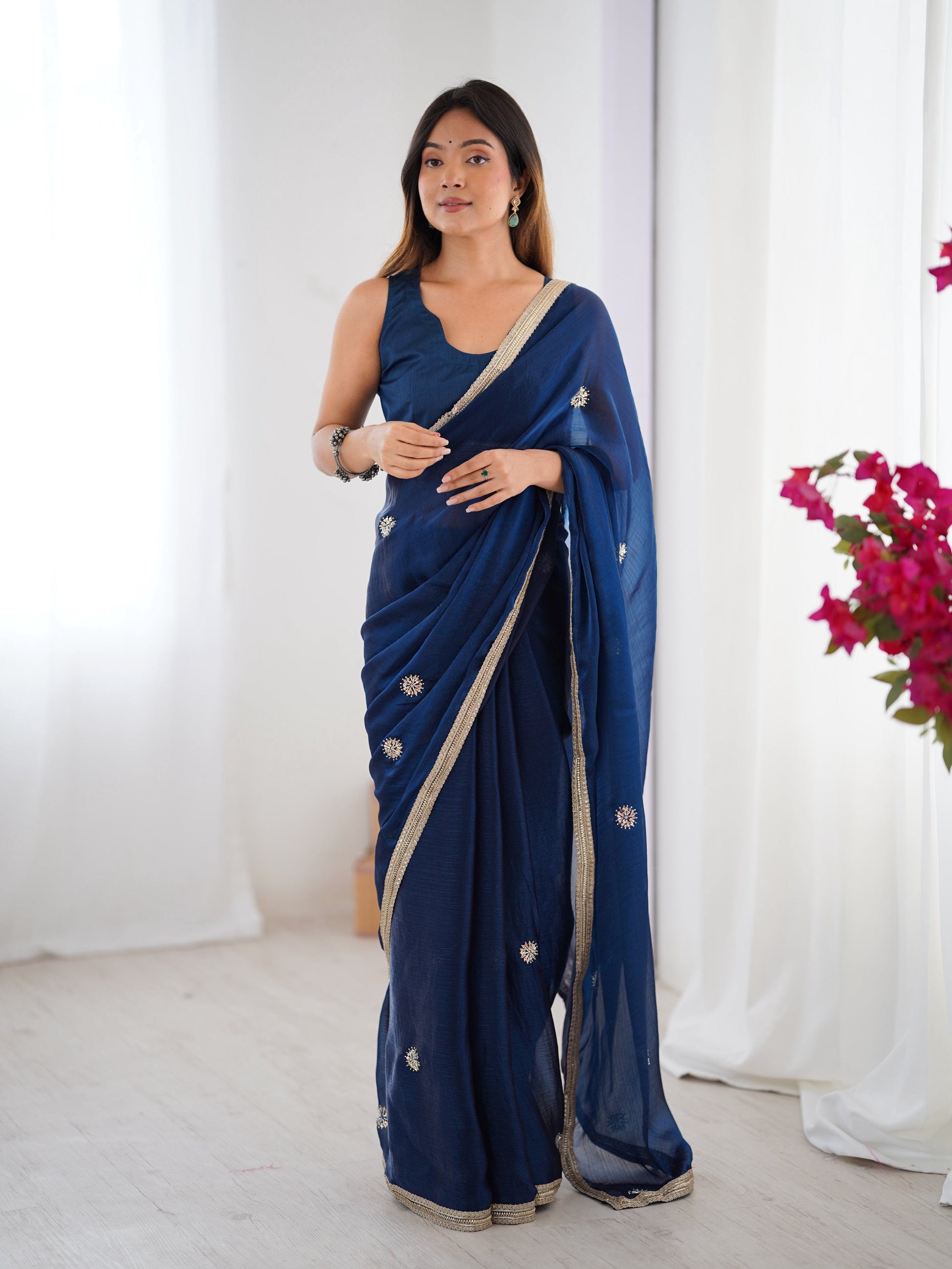 Jyoti Fashion Women's Teal Fandy Silk Embroidered Designer Saree with Blouse | Swadesiicart