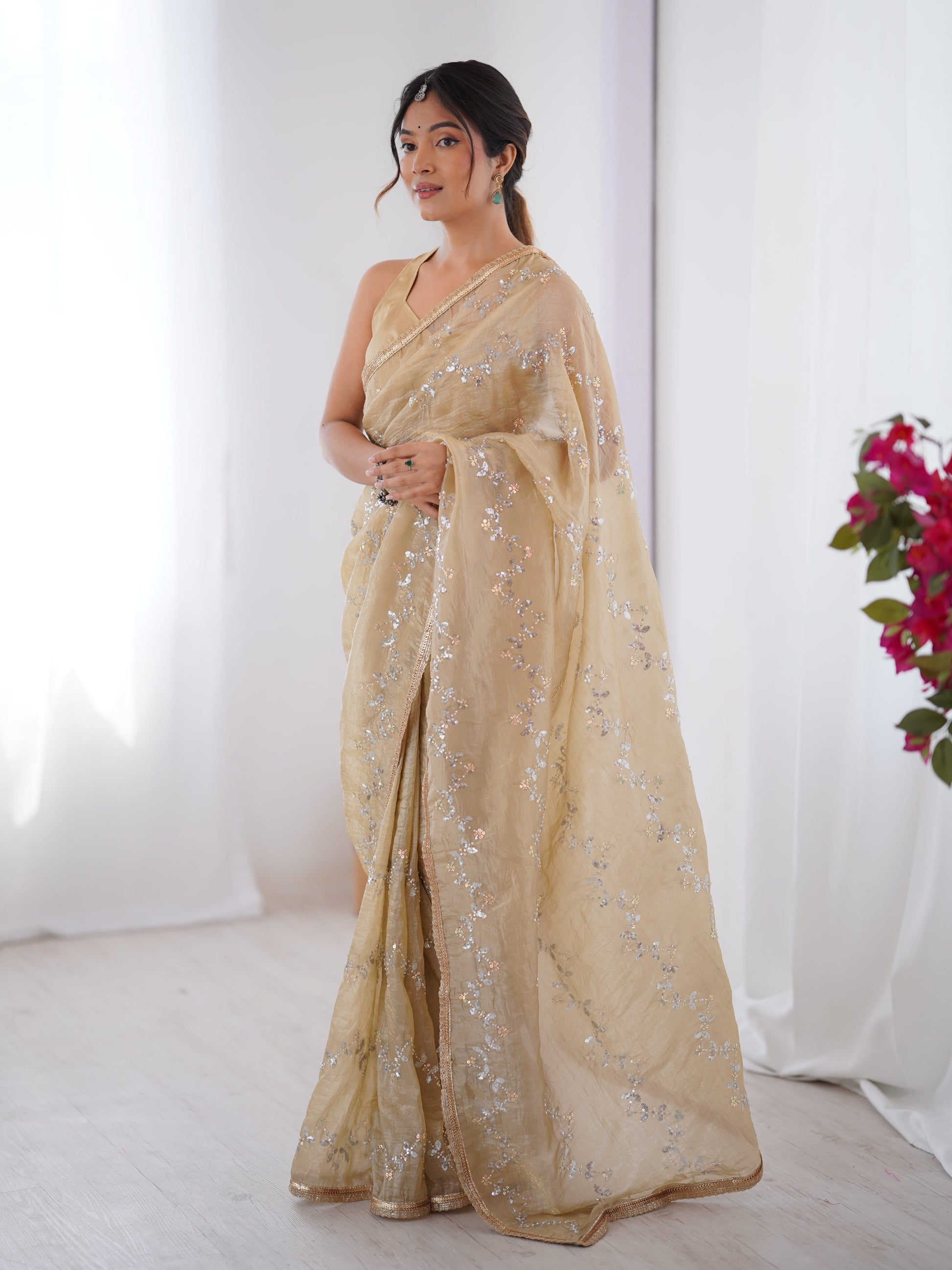 Jyoti Fashion Women's Beige Soft Gold Crush Embroidered Designer Saree with Blouse | Swadesiicart