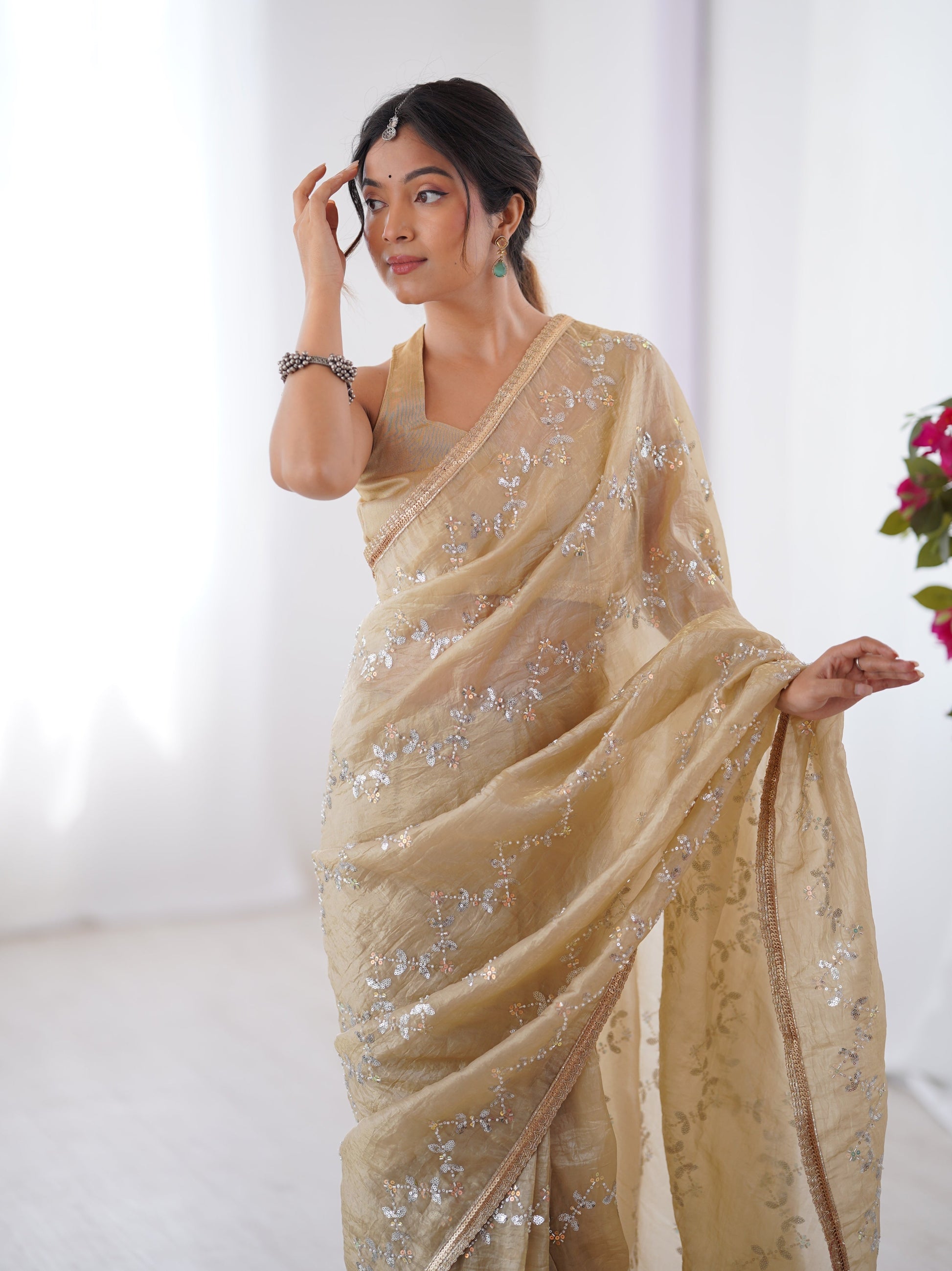 Jyoti Fashion Women's Beige Soft Gold Crush Embroidered Designer Saree with Blouse | Swadesiicart