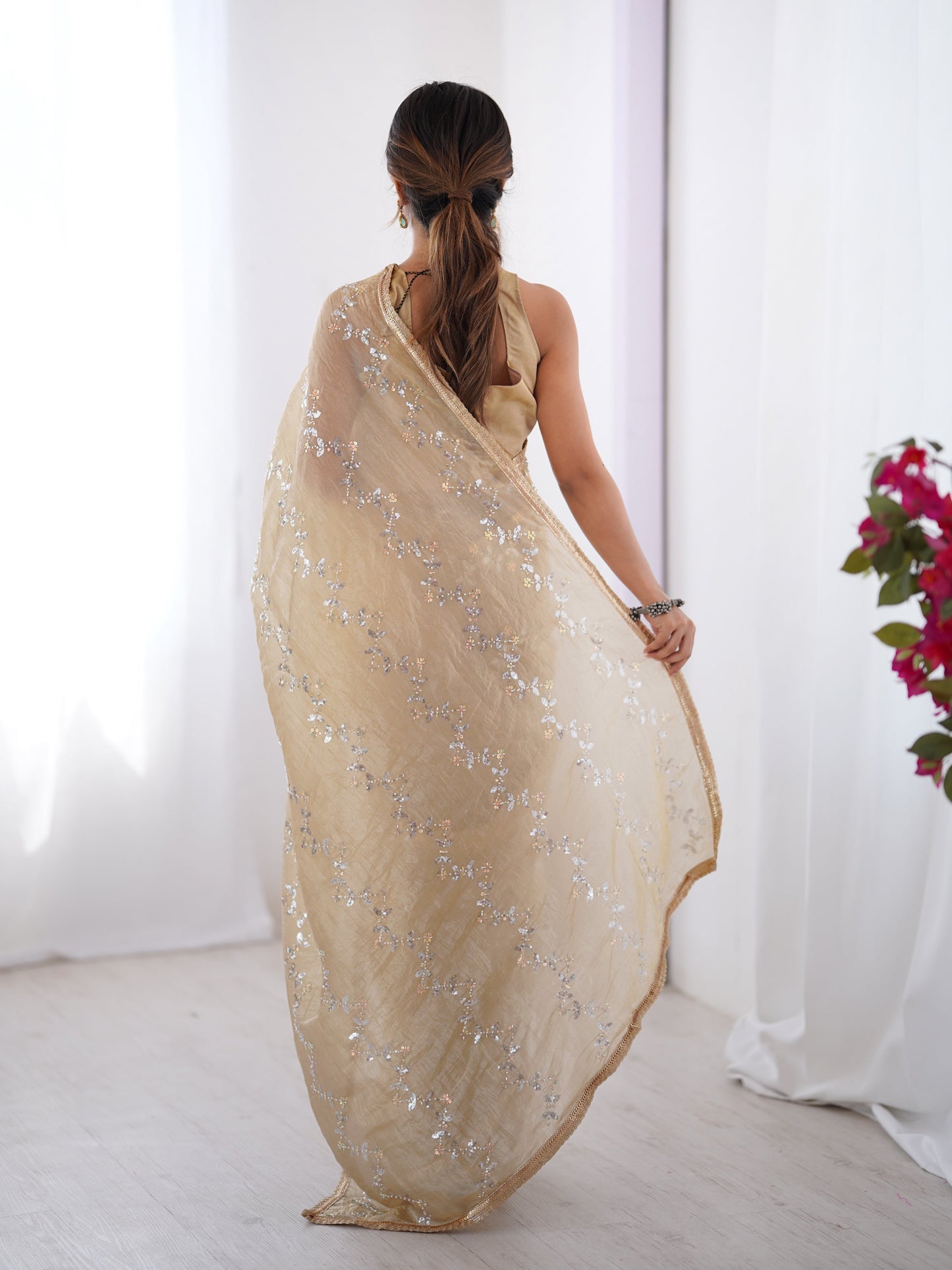 Jyoti Fashion Women's Beige Soft Gold Crush Embroidered Designer Saree with Blouse | Swadesiicart