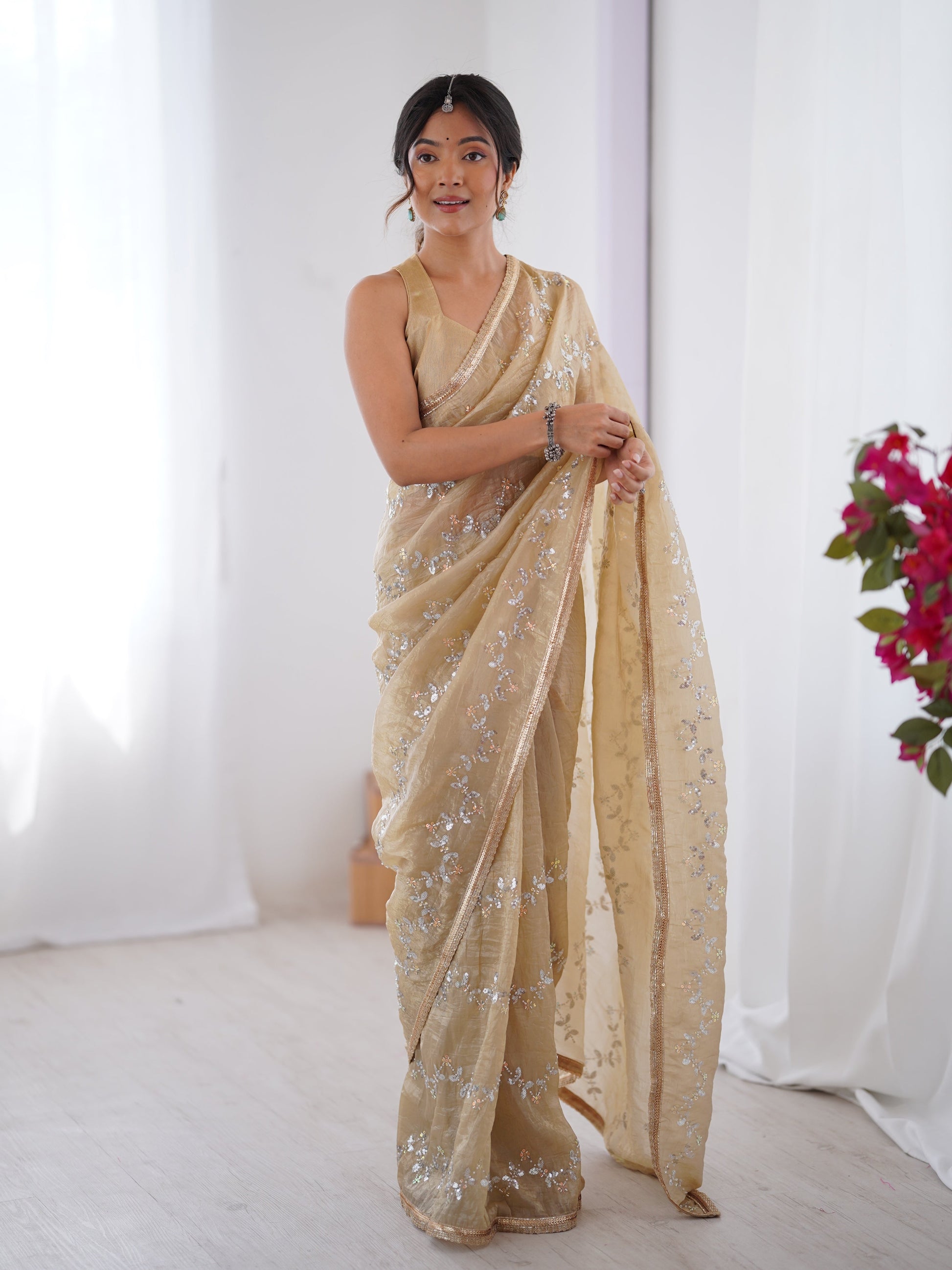 Jyoti Fashion Women's Beige Soft Gold Crush Embroidered Designer Saree with Blouse | Swadesiicart