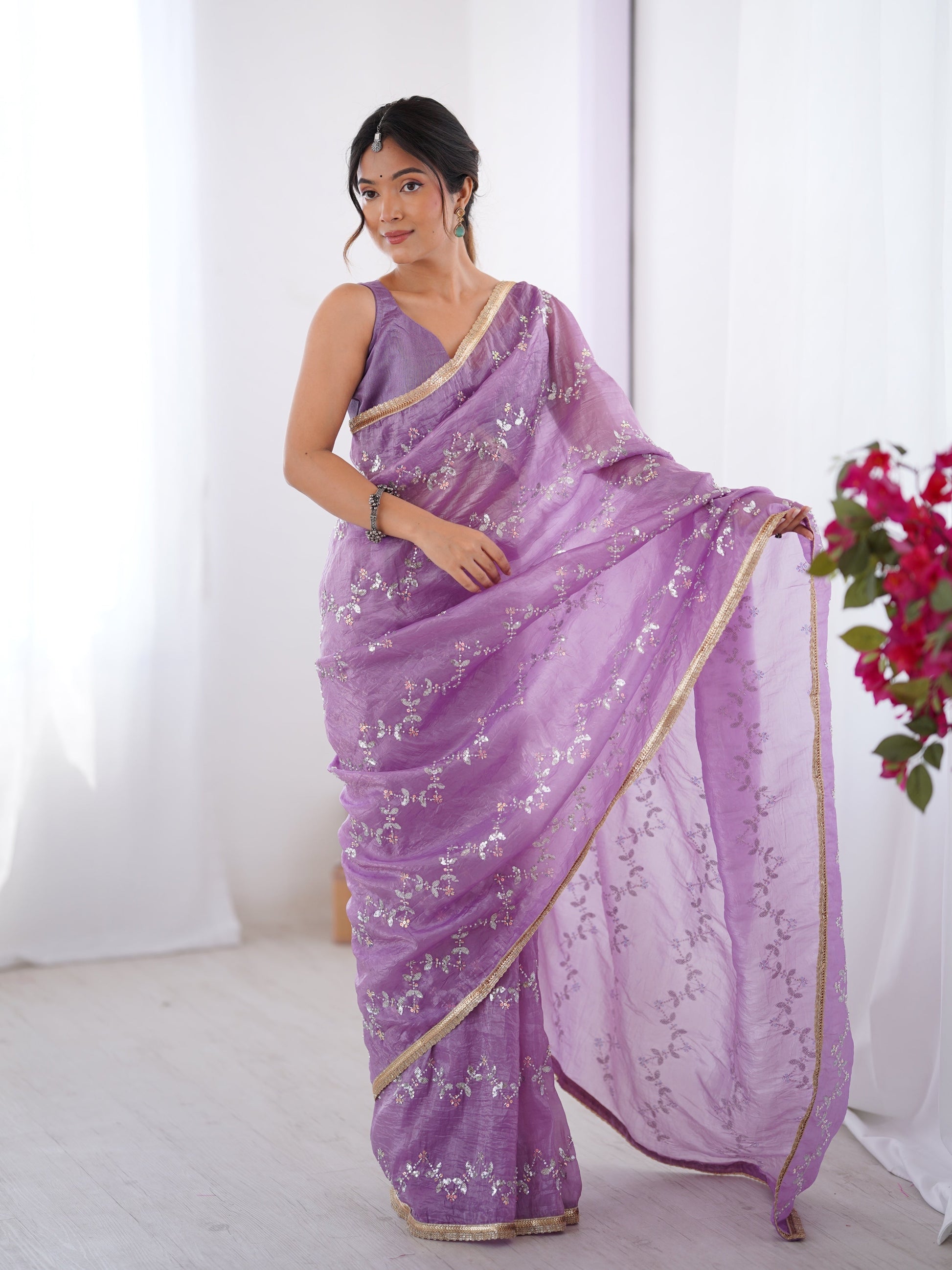Jyoti Fashion Women's Purple Soft Gold Crush Embroidered Designer Saree with Blouse | Swadesiicart