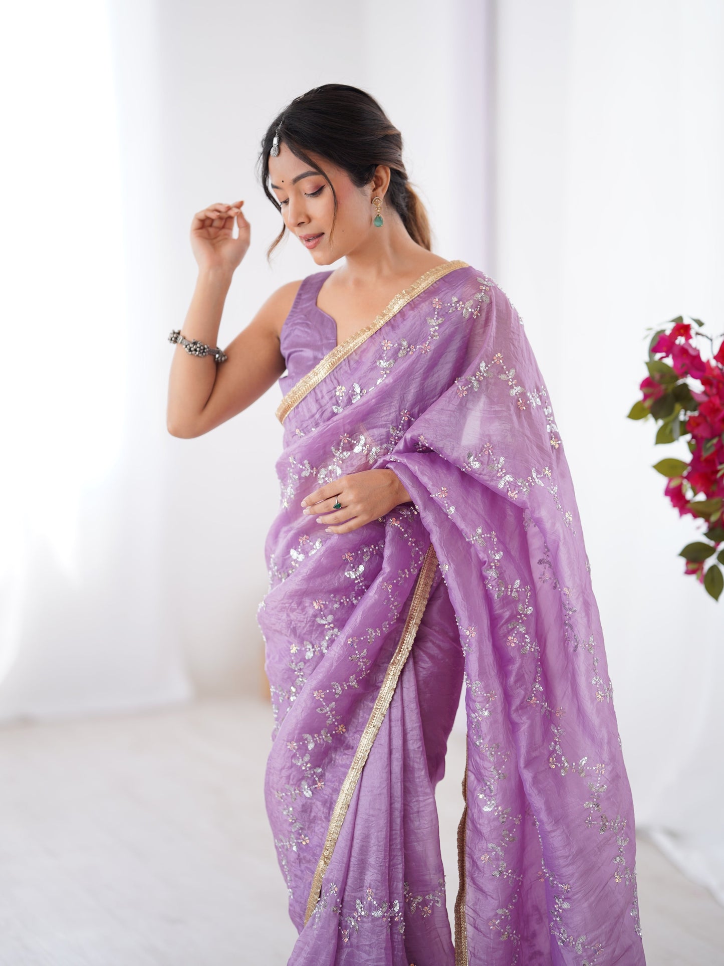 Jyoti Fashion Women's Purple Soft Gold Crush Embroidered Designer Saree with Blouse | Swadesiicart