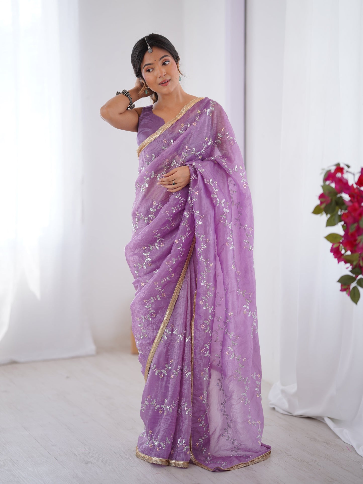 Jyoti Fashion Women's Purple Soft Gold Crush Embroidered Designer Saree with Blouse | Swadesiicart
