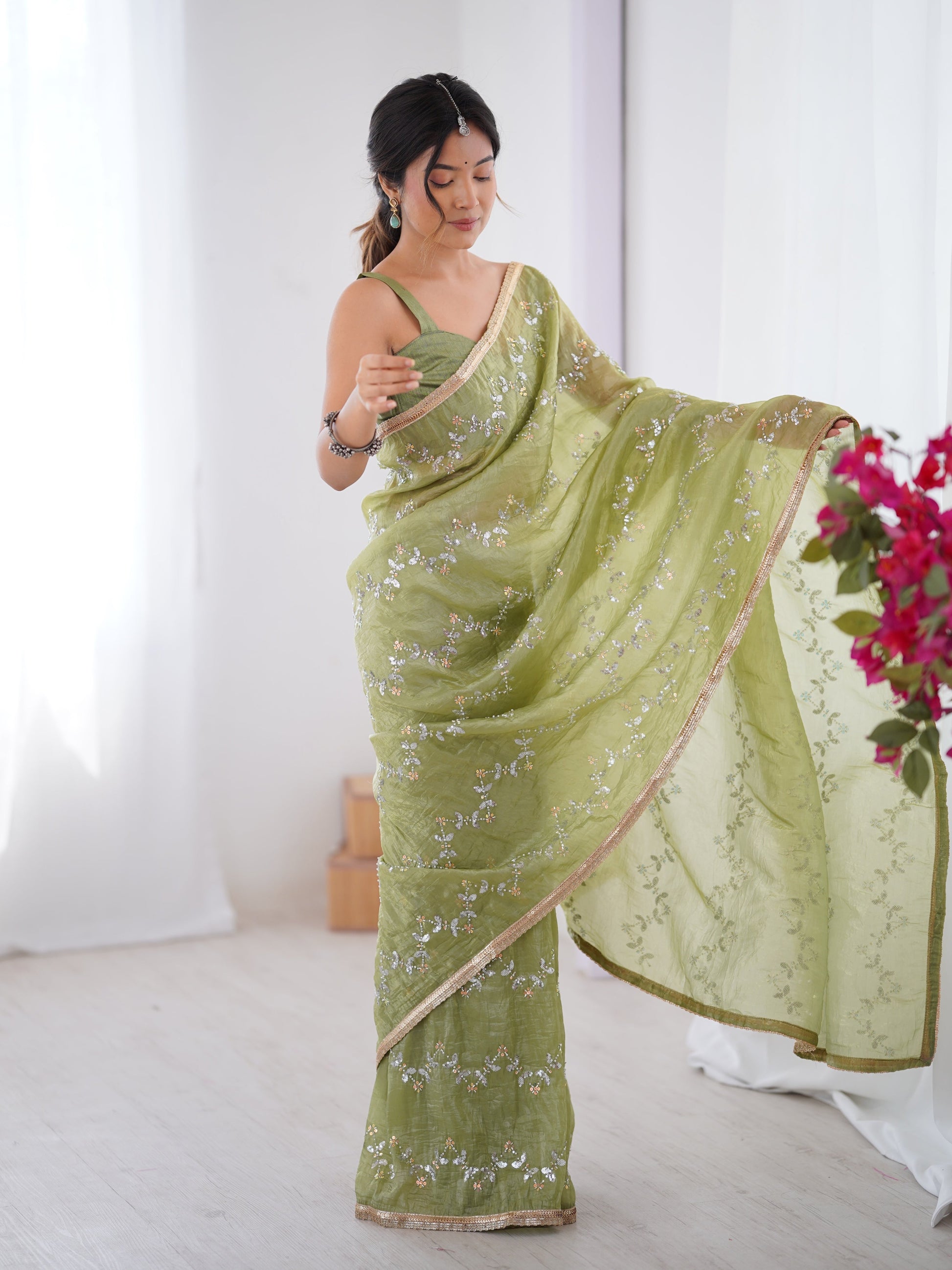 Jyoti Fashion Women's Sea Green Soft Gold Crush Embroidered Designer Saree with Blouse | Swadesiicart