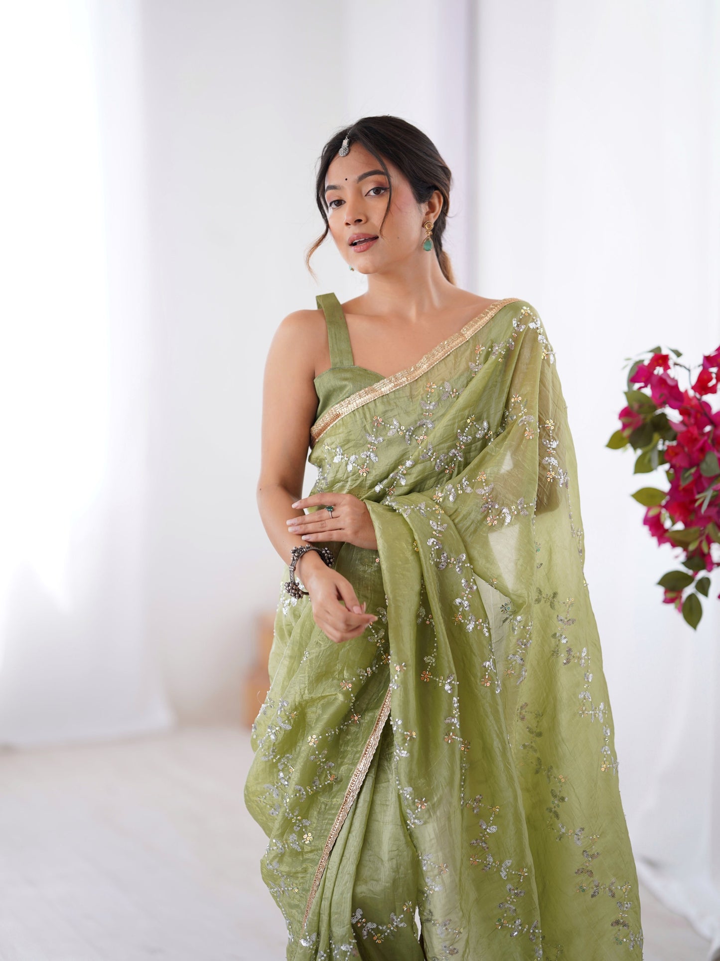Jyoti Fashion Women's Sea Green Soft Gold Crush Embroidered Designer Saree with Blouse | Swadesiicart