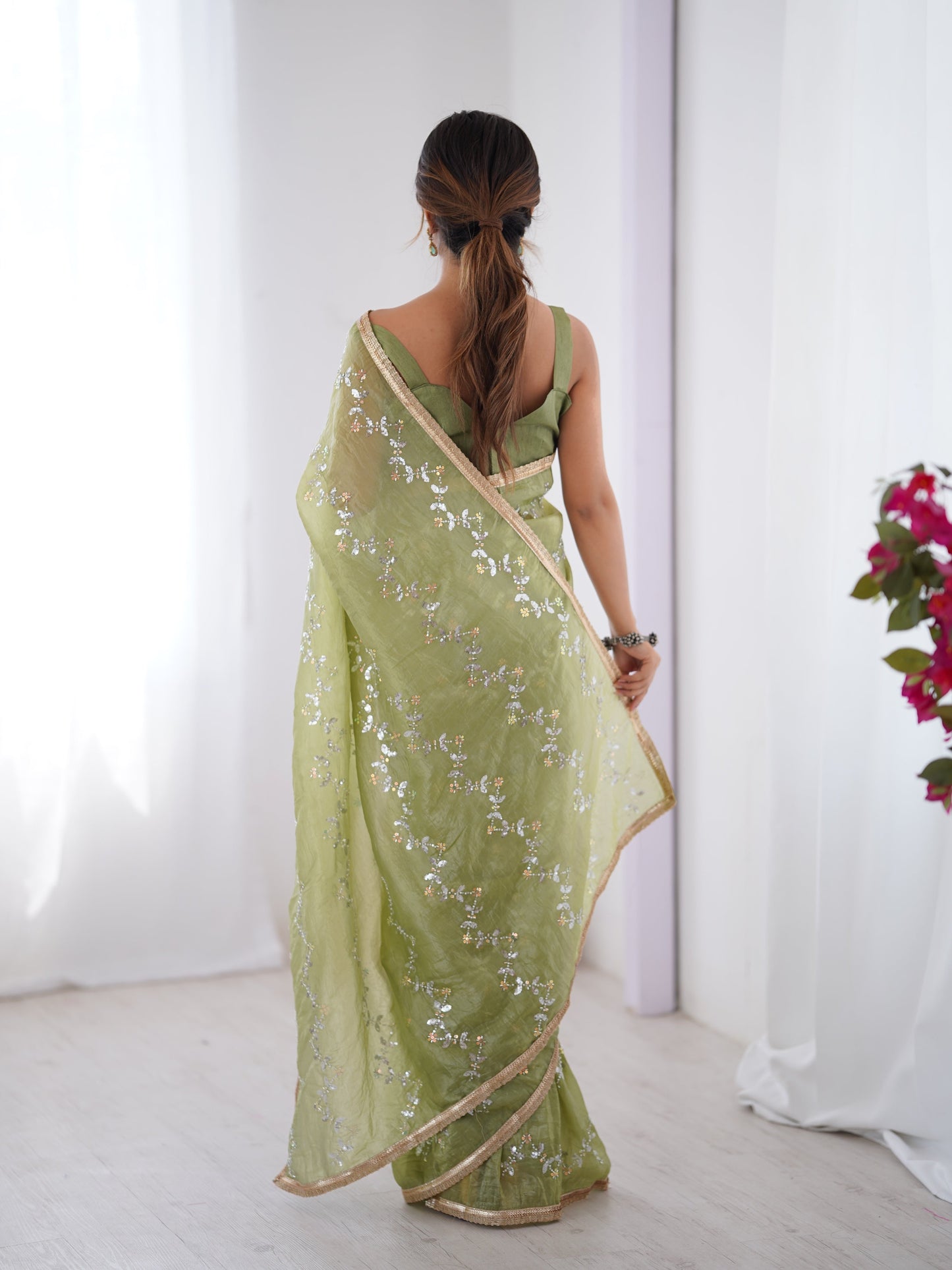 Jyoti Fashion Women's Sea Green Soft Gold Crush Embroidered Designer Saree with Blouse | Swadesiicart
