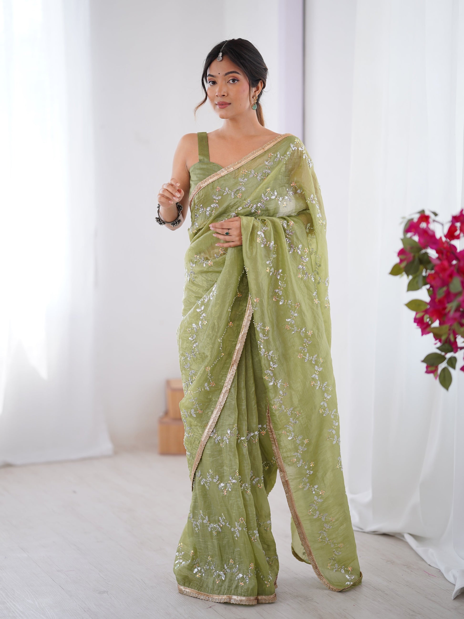 Jyoti Fashion Women's Sea Green Soft Gold Crush Embroidered Designer Saree with Blouse | Swadesiicart