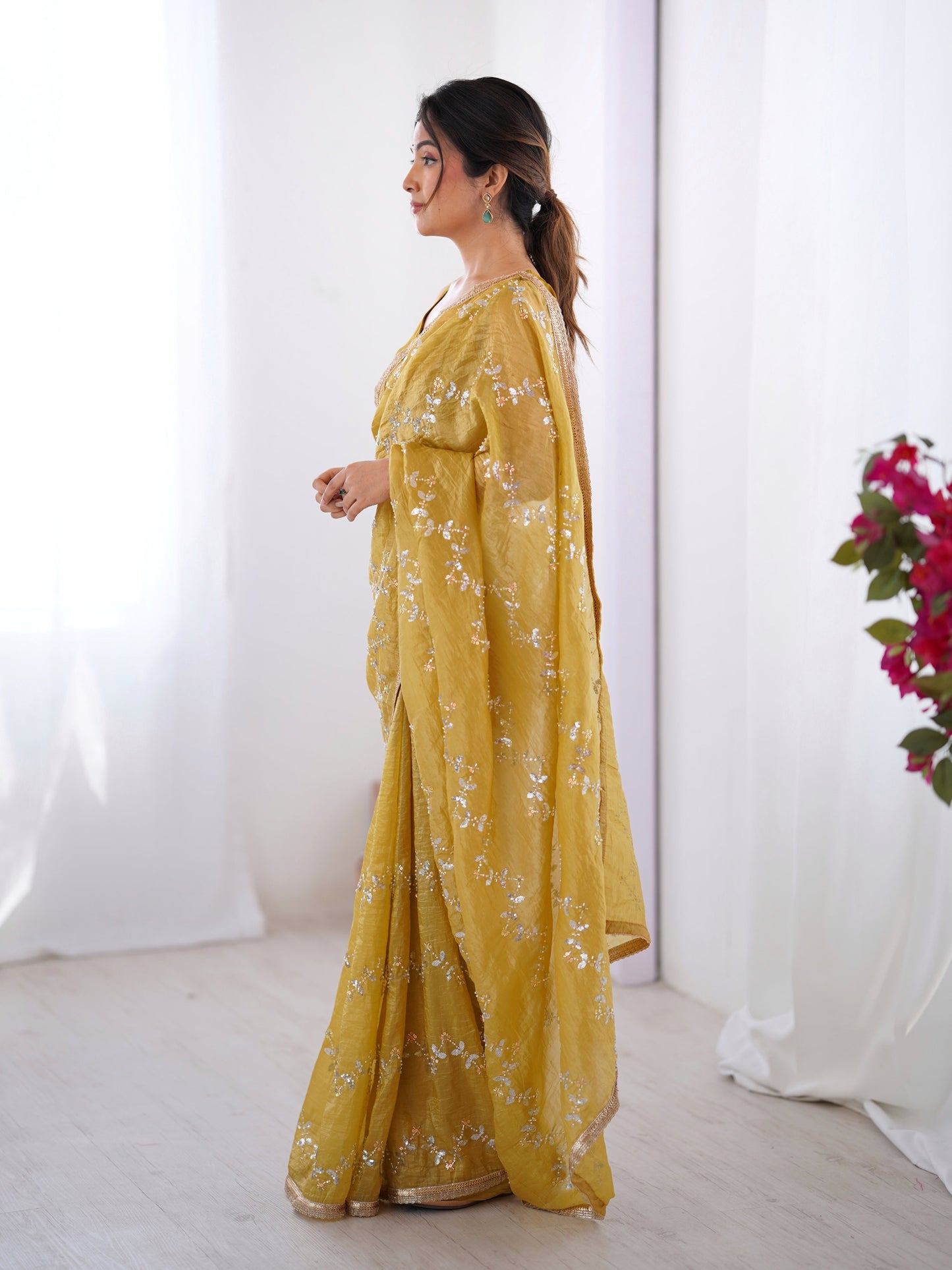 Jyoti Fashion Women's Mustard Soft Gold Crush Embroidered Designer Saree with Blouse | Swadesiicart