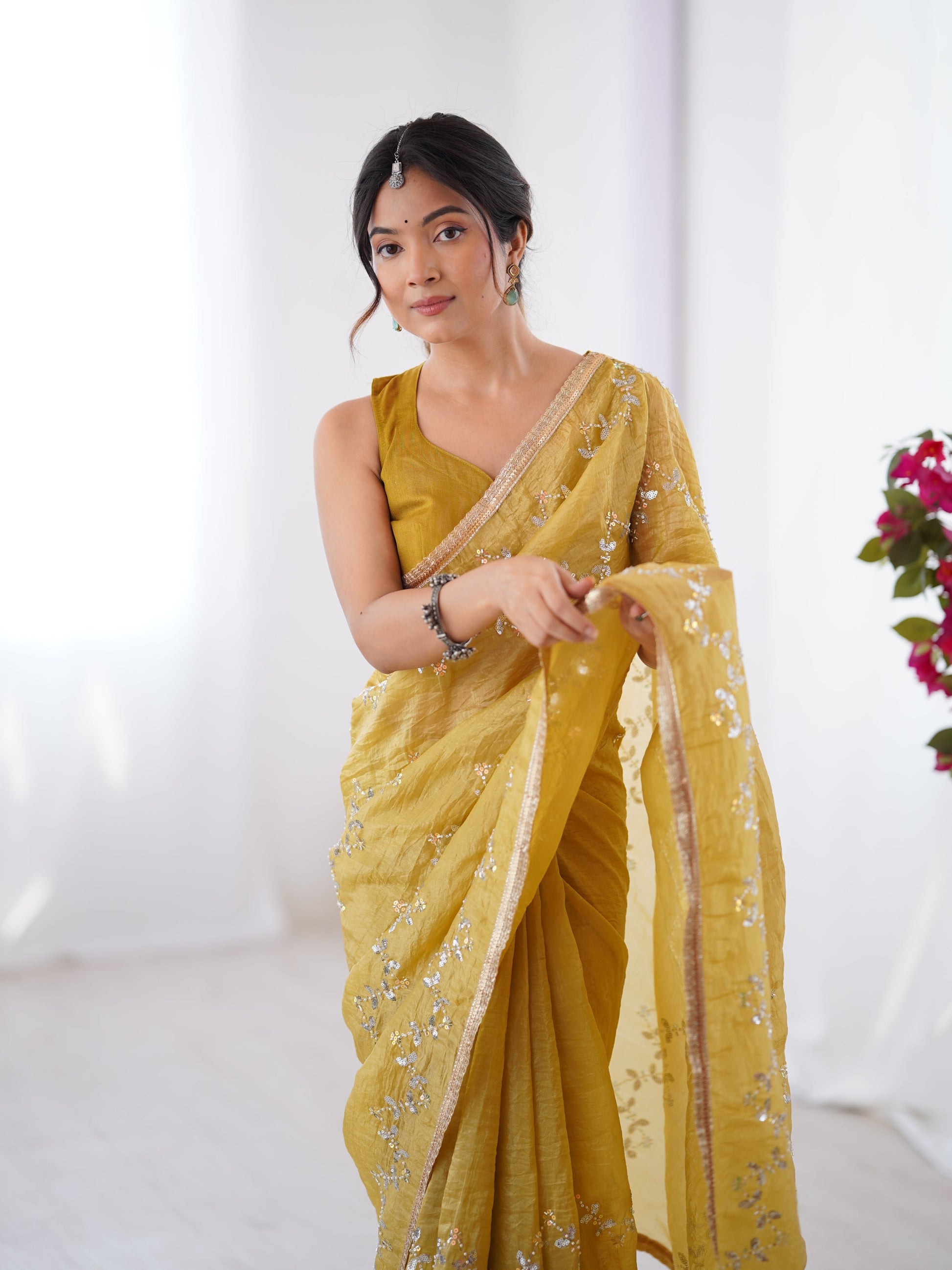 Jyoti Fashion Women's Mustard Soft Gold Crush Embroidered Designer Saree with Blouse | Swadesiicart