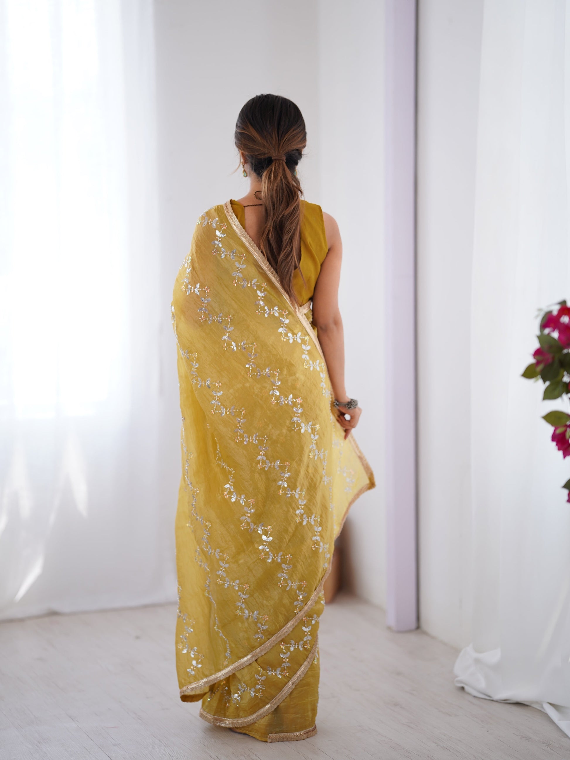 Jyoti Fashion Women's Mustard Soft Gold Crush Embroidered Designer Saree with Blouse | Swadesiicart
